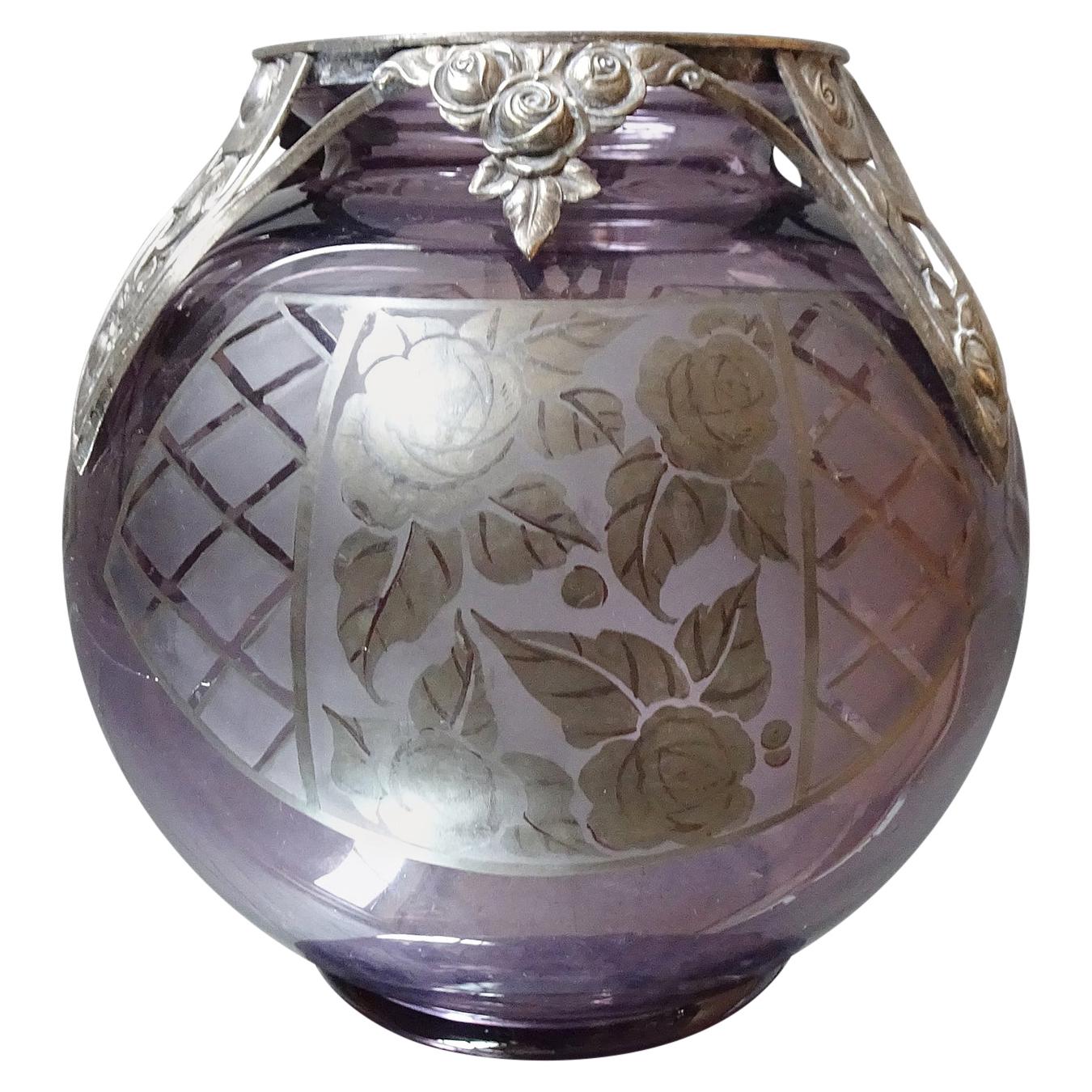 Art Deco Vase by D'Argyl, Amethyst Glass and Silver, France, 1930s