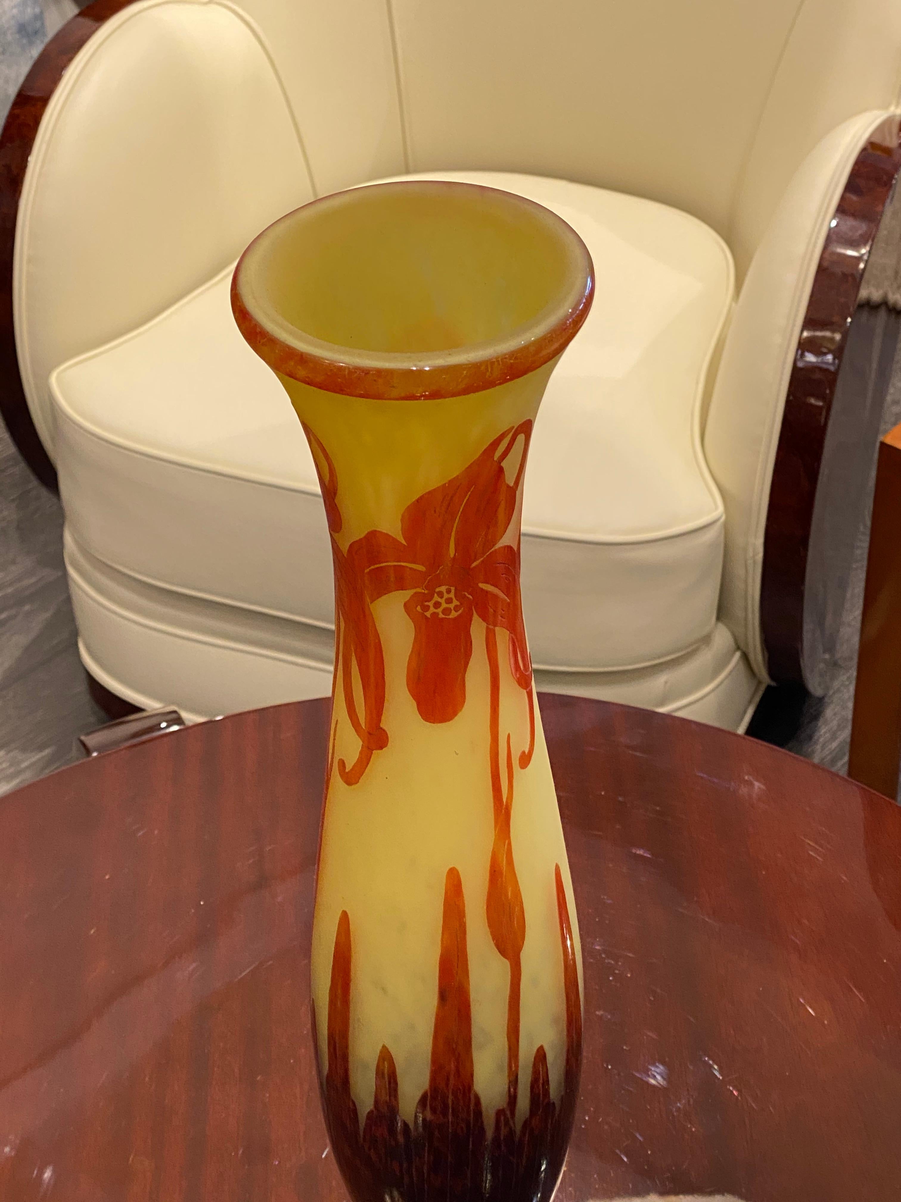 French Art Deco Orchidée Glass Vase by Le Verre Francais For Sale