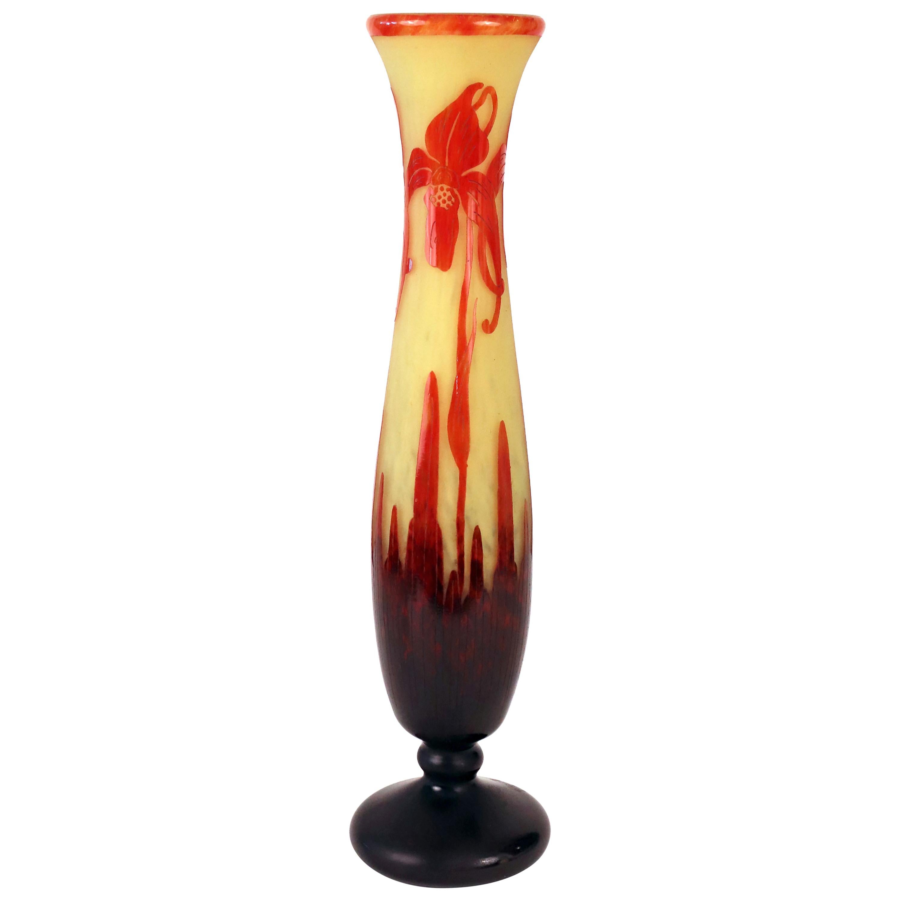 Art Deco Orchidée Glass Vase by Le Verre Francais For Sale