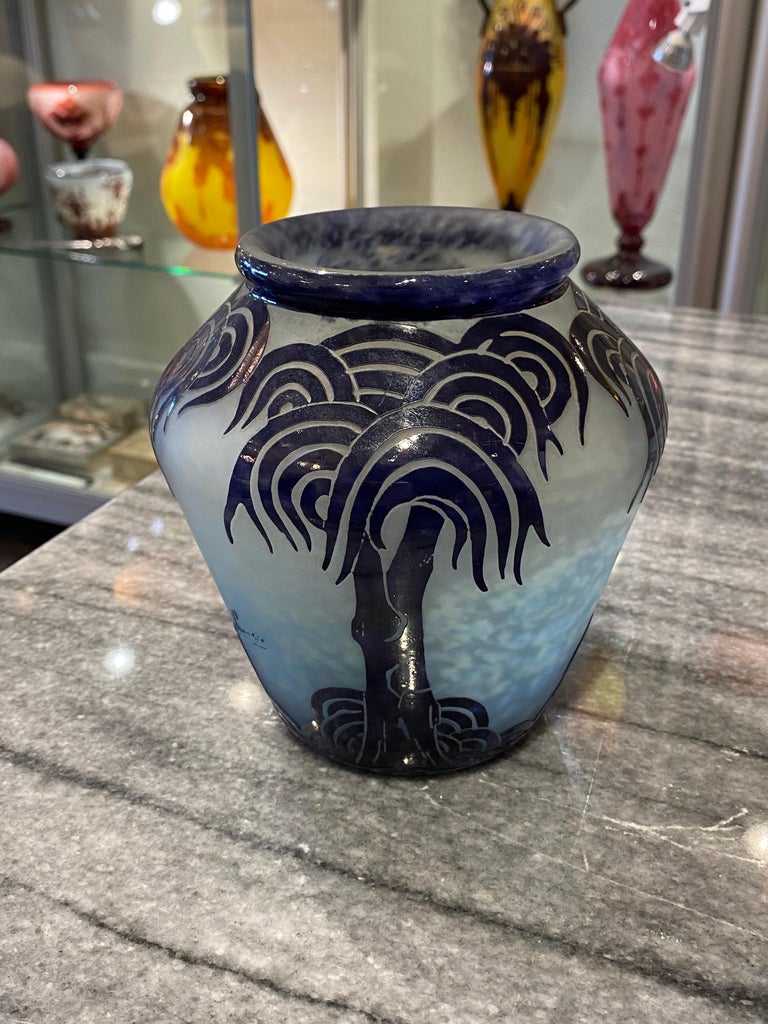 Art Deco Vase by Le Verre Francais Palmier Bleus For Sale at 1stDibs