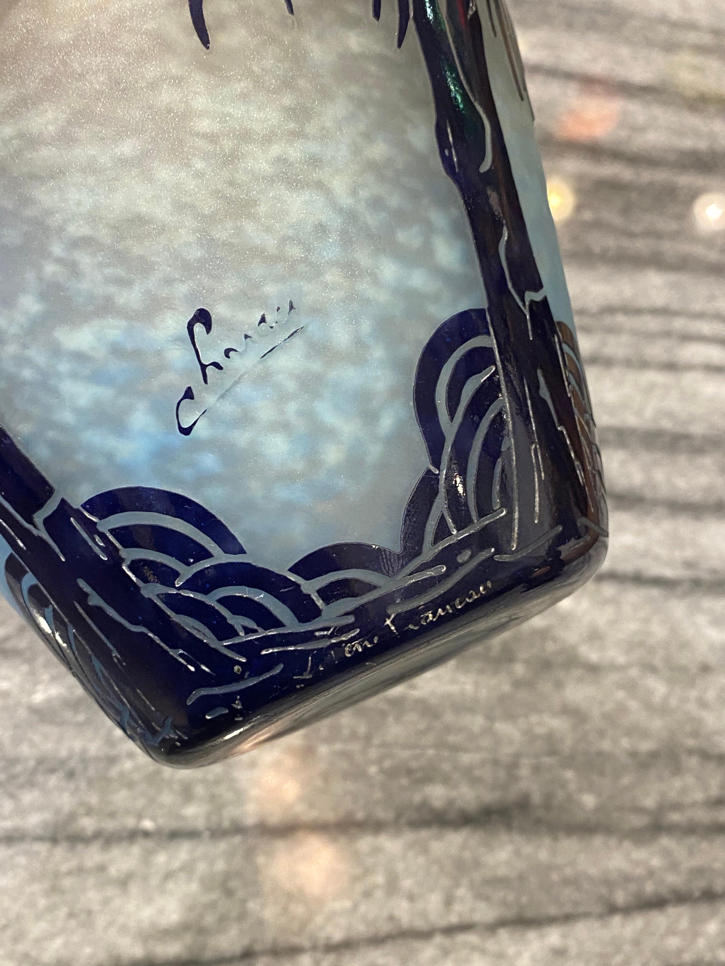 Etched Art Deco Palmier Bleus Glass Vase by Le Verre Francais  For Sale