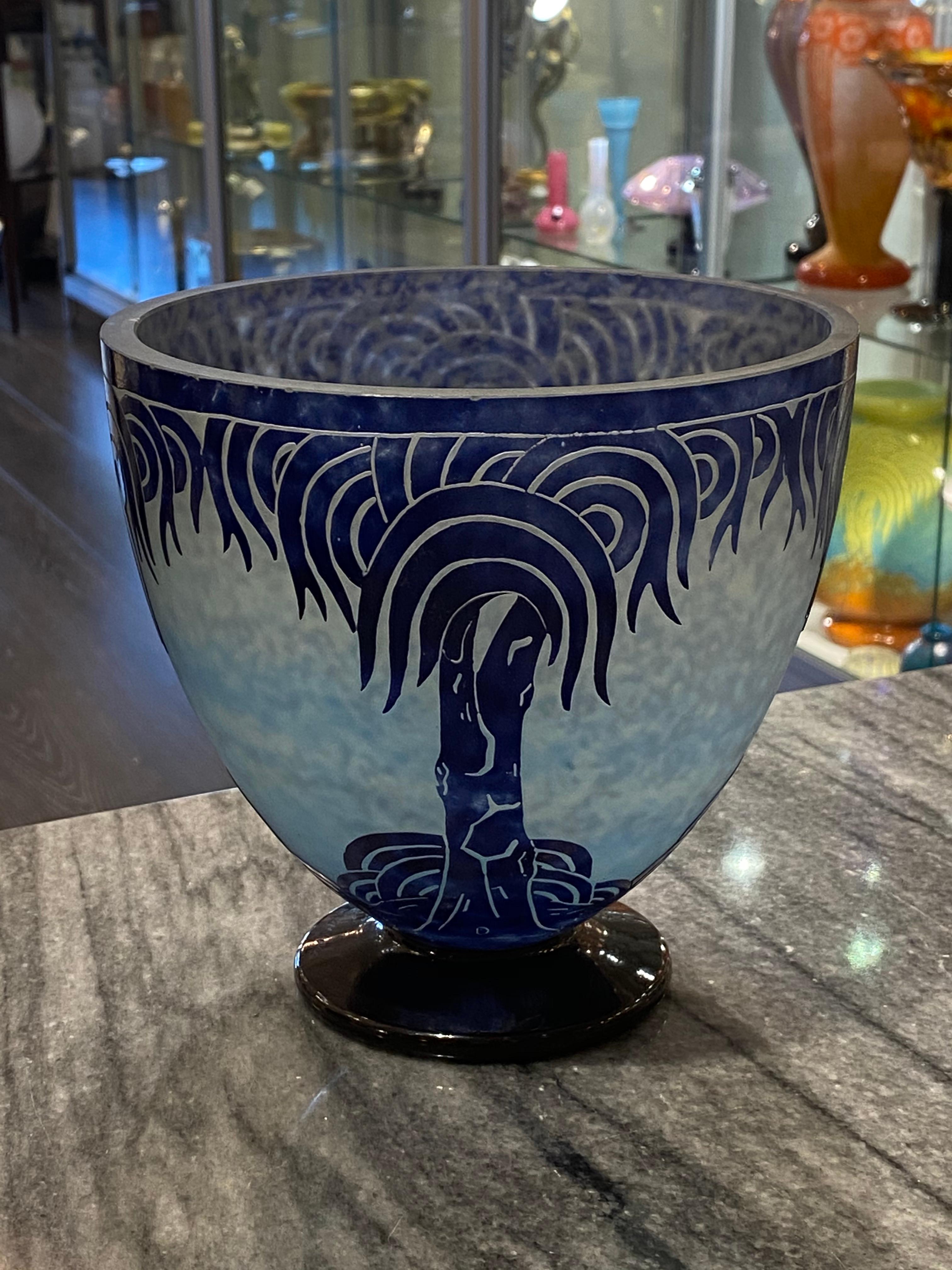 French Art Deco Palmier Bleus Glass Vase by Le Verre Francais  For Sale