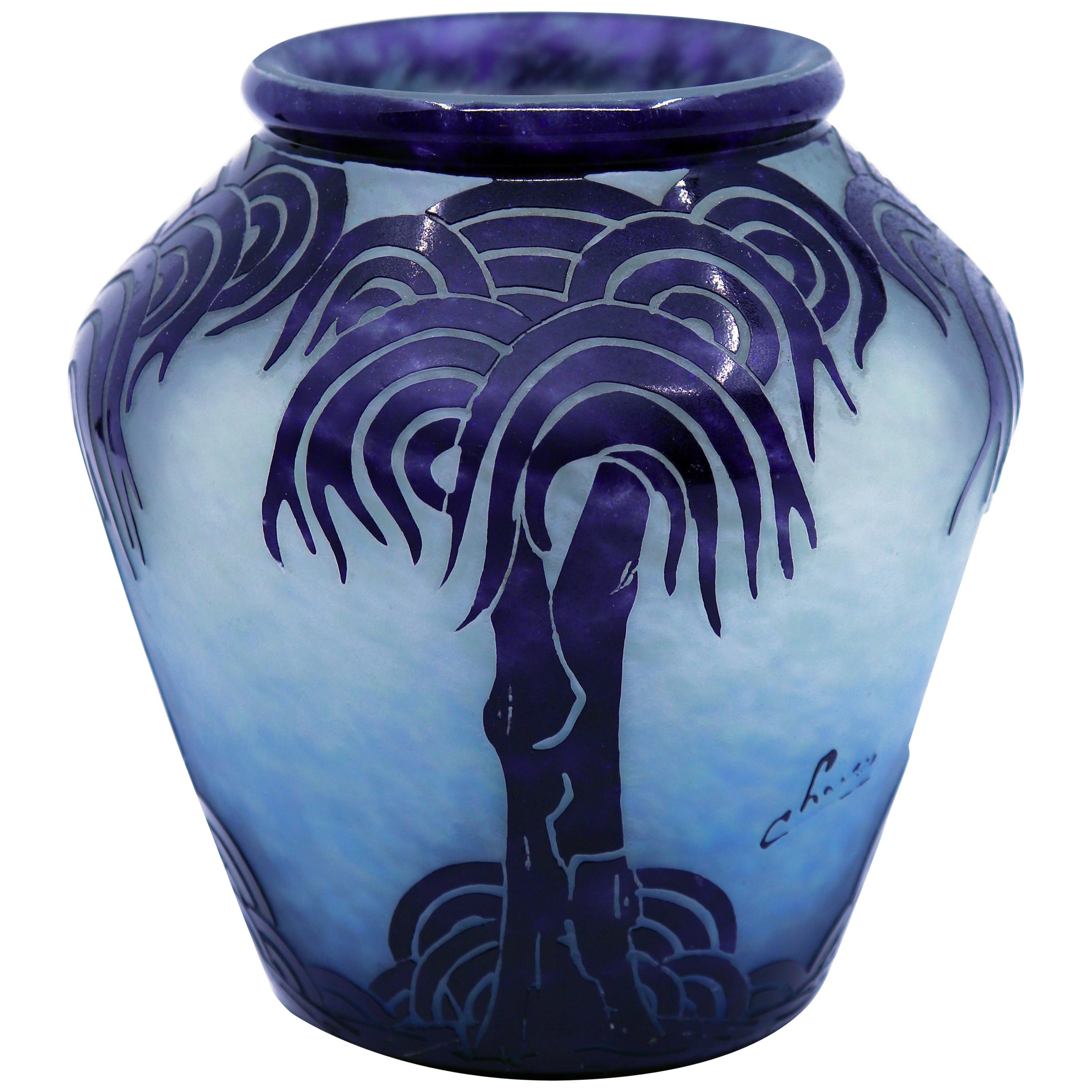 Art Deco Palmier Bleus Glass Vase by Le Verre Francais  For Sale