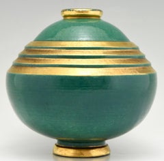 Art Deco Vase Ceramic Green and Gold Marcel Guillard , Frassati , Edition Etling