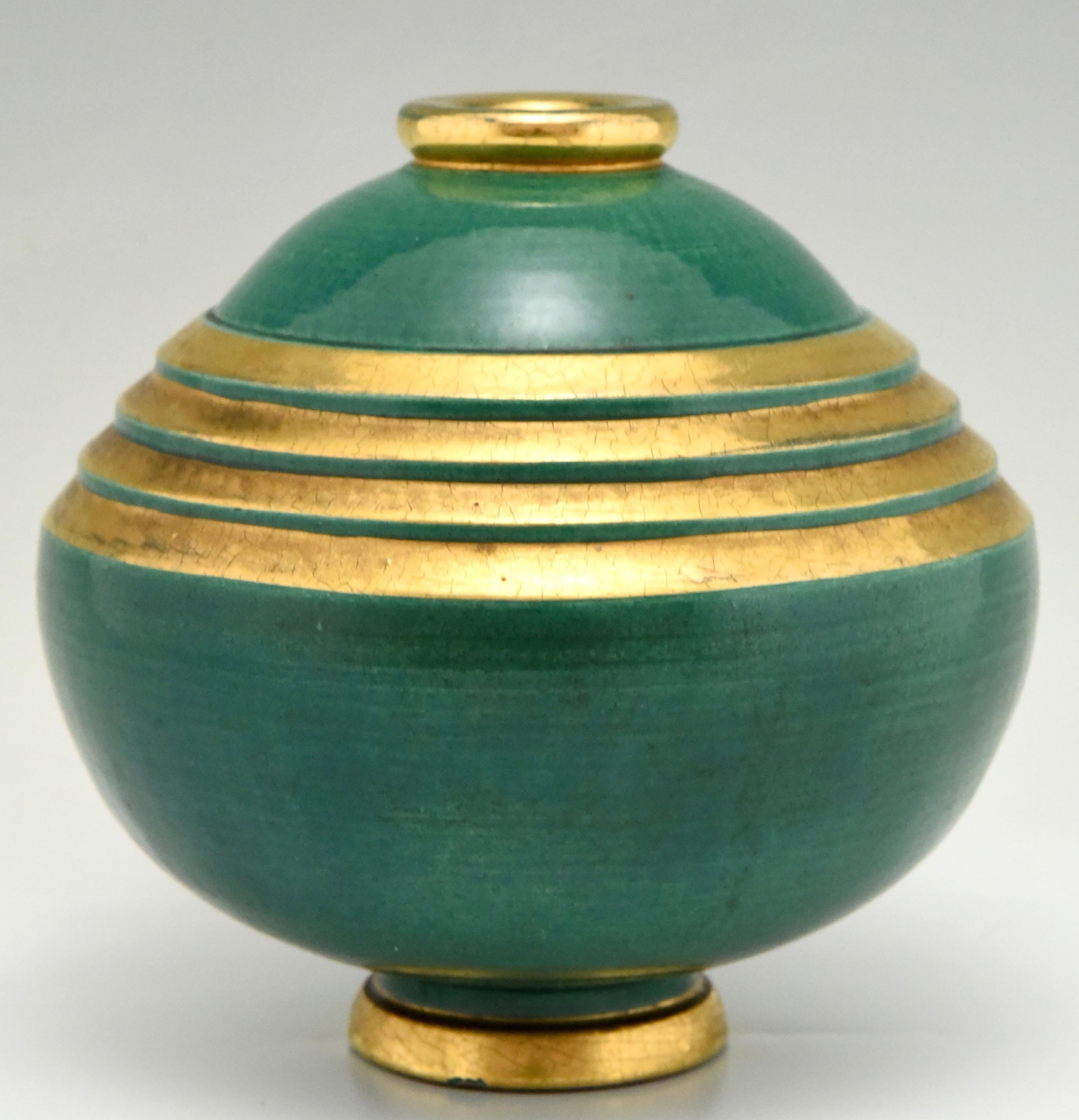 French Art Deco Vase Ceramic Green and Gold Marcel Guillard , Frassati , Edition Etling