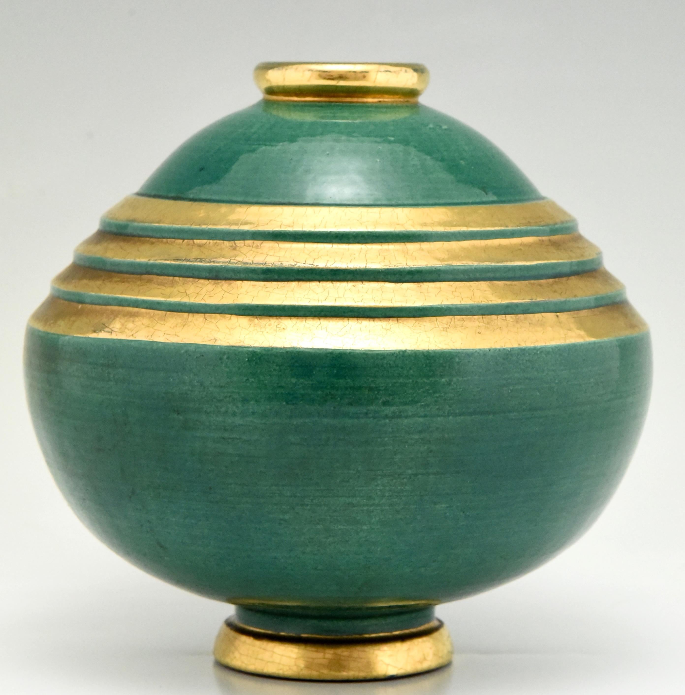 Glazed Art Deco Vase Ceramic Green and Gold Marcel Guillard , Frassati , Edition Etling