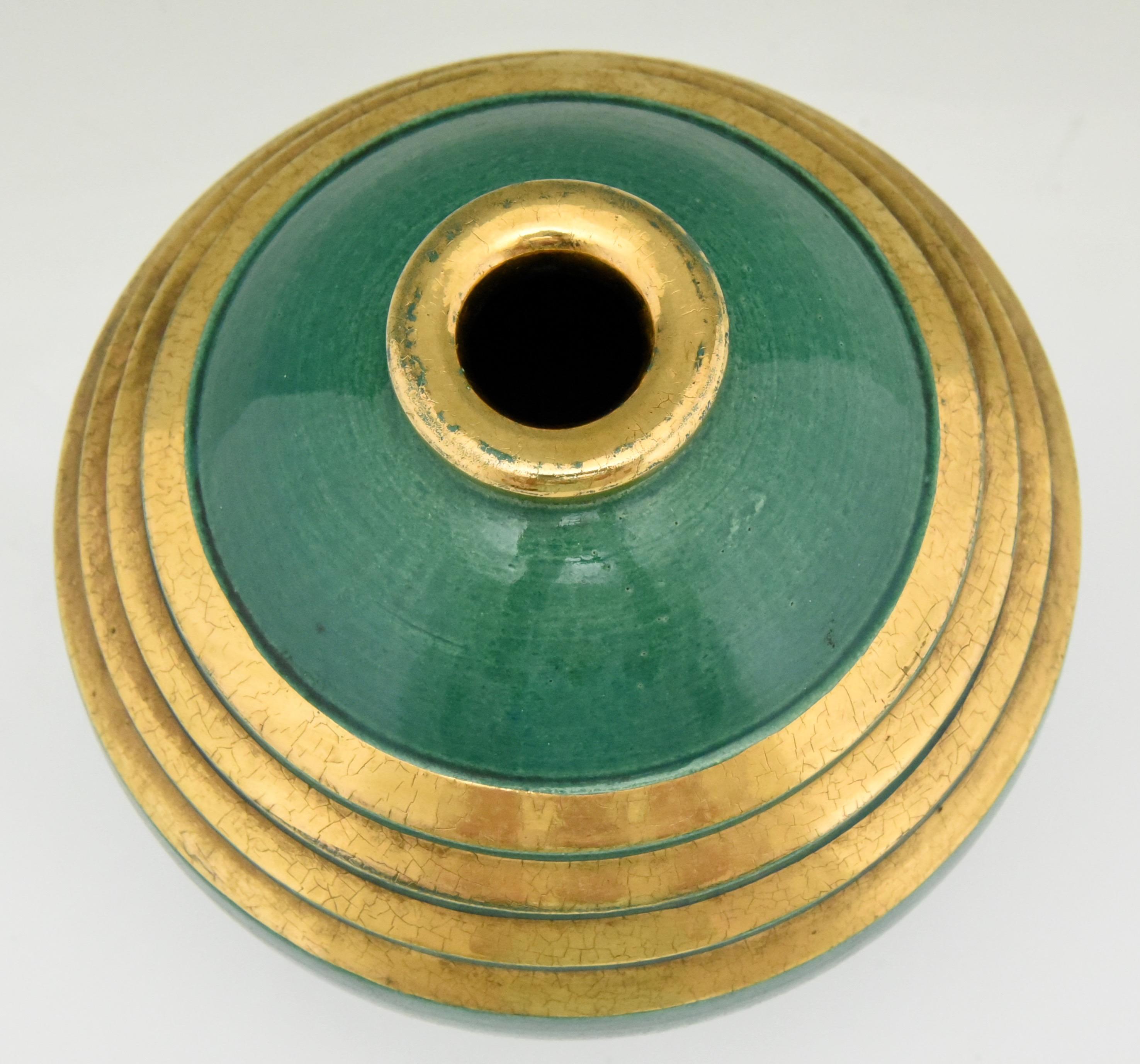 Art Deco Vase Ceramic Green and Gold Marcel Guillard , Frassati , Edition Etling In Good Condition In Antwerp, BE