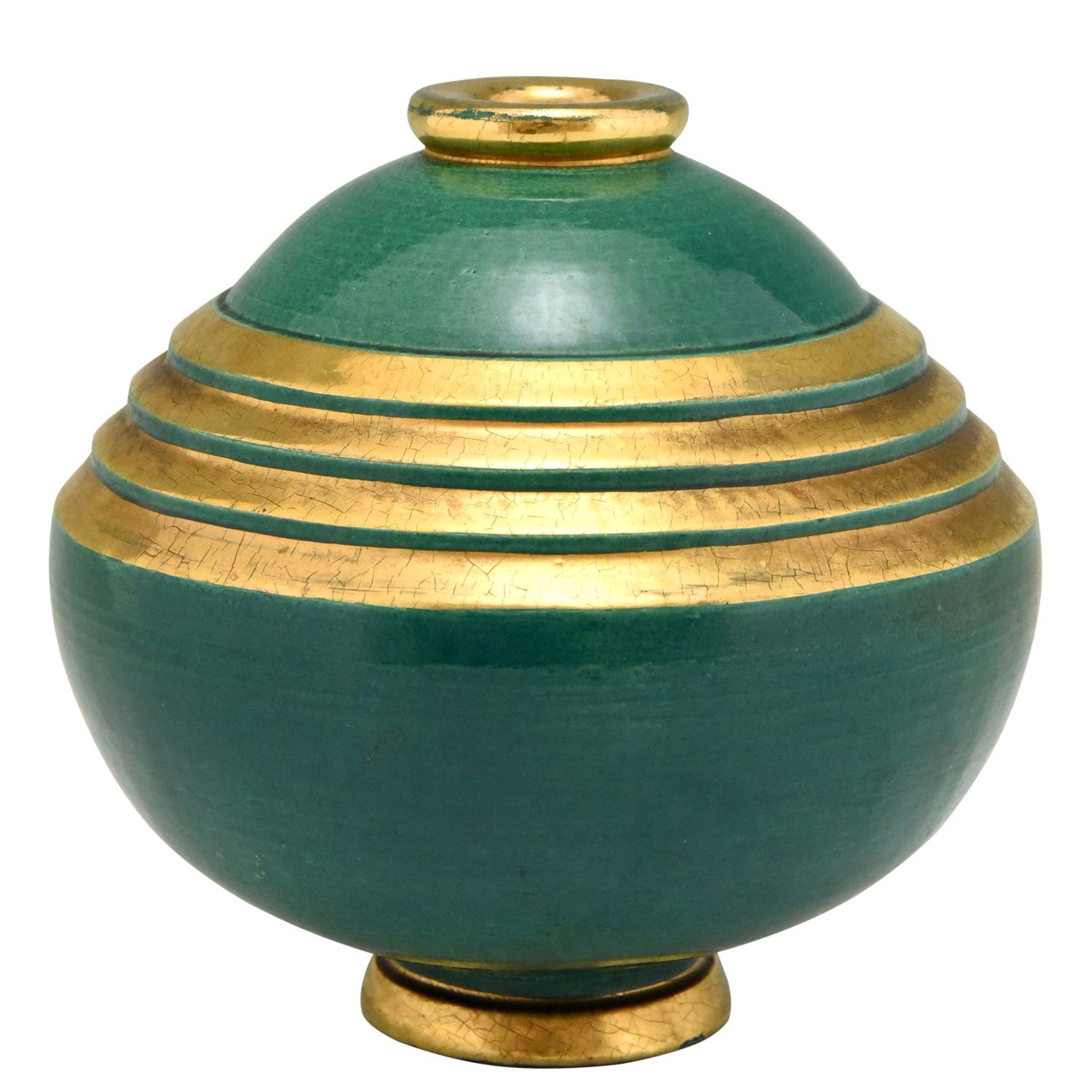 Art Deco Vase Ceramic Green and Gold Marcel Guillard , Frassati , Edition Etling