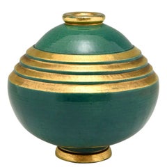 Art Deco Vase Ceramic Green and Gold Marcel Guillard , Frassati , Edition Etling