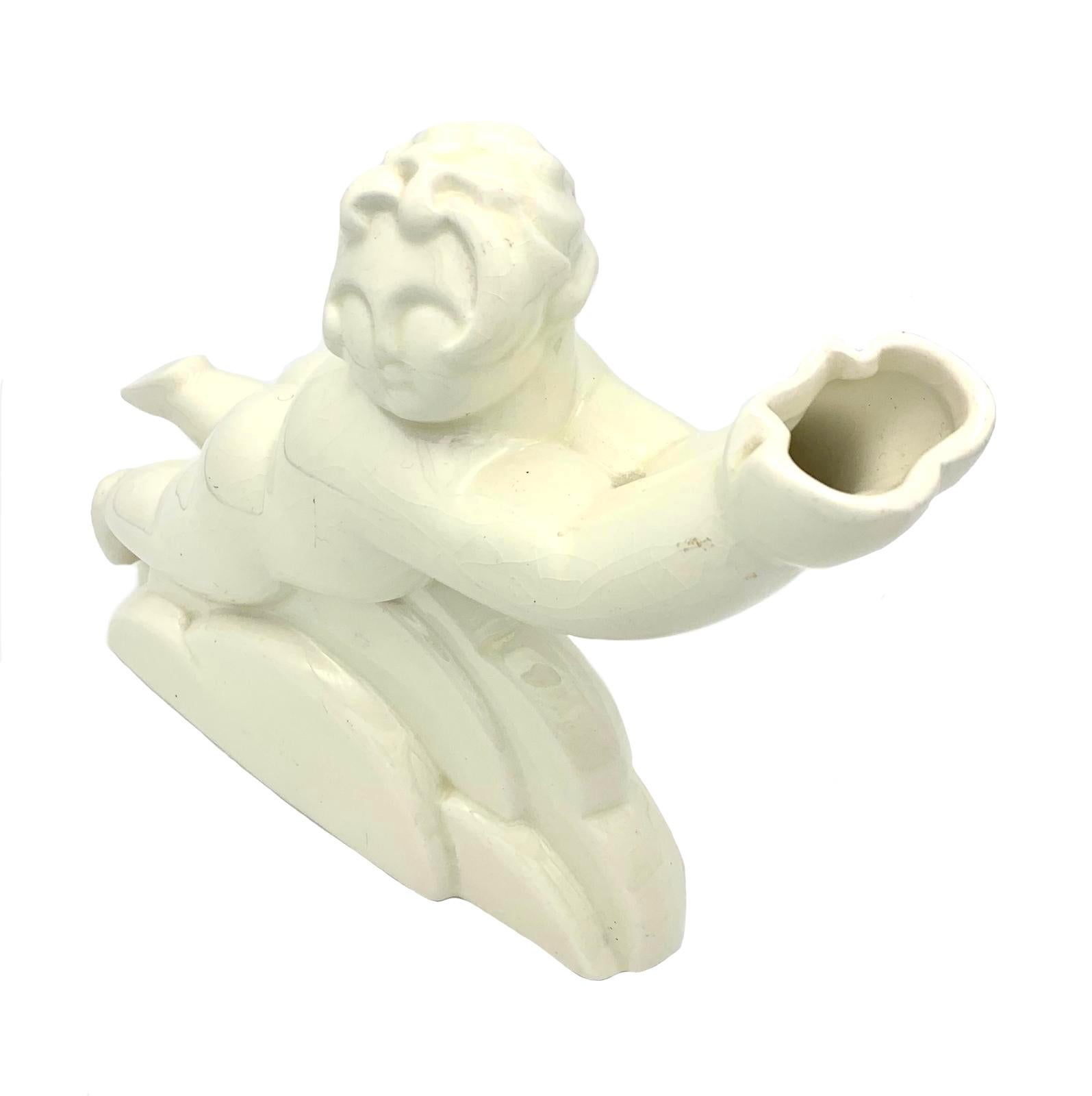 Art Deco Vase Cherub Resting On A Bed Of Clouds Cream Coloured Ceramic In Good Condition For Sale In Munich, DE