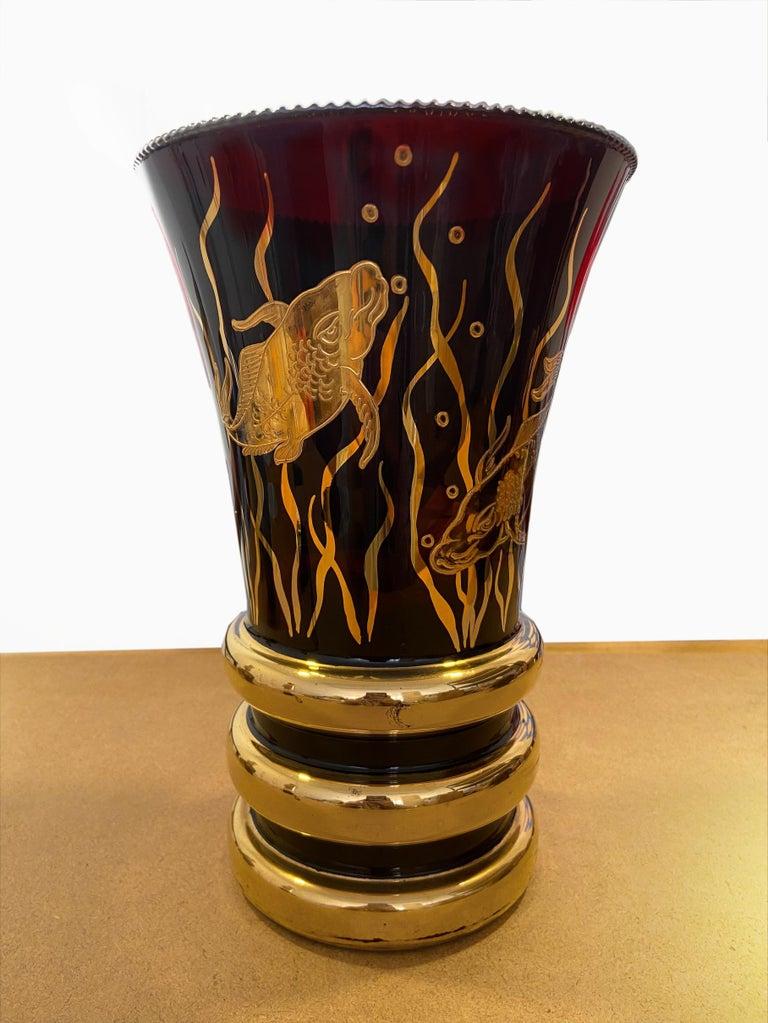 Art Deco Vase Glass and Gold Fish Decoration, circa 1930 In Good Condition For Sale In Saint ouen, FR