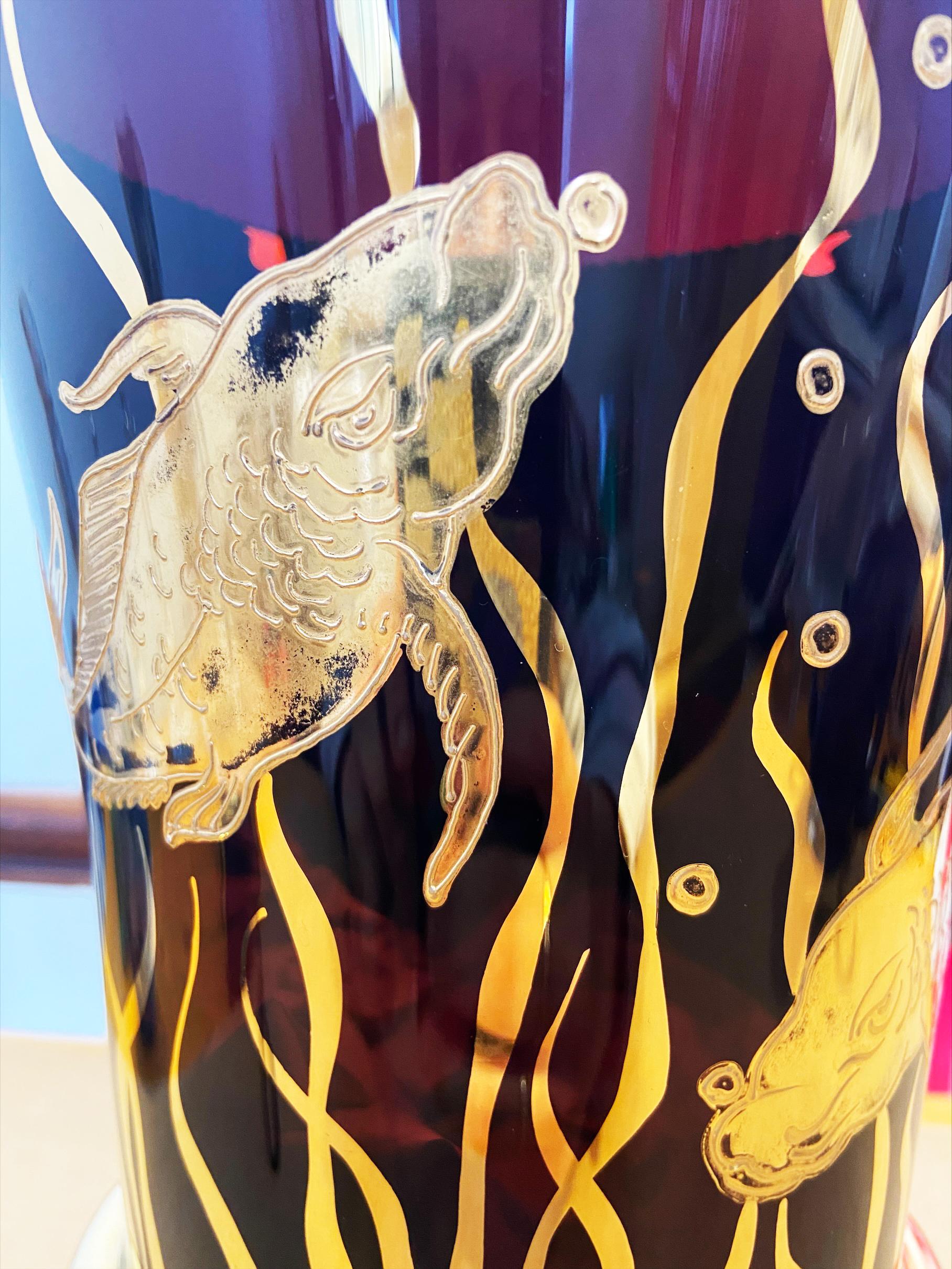 Art Deco Vase Glass and Gold Fish Decoration, Circa 1930 1