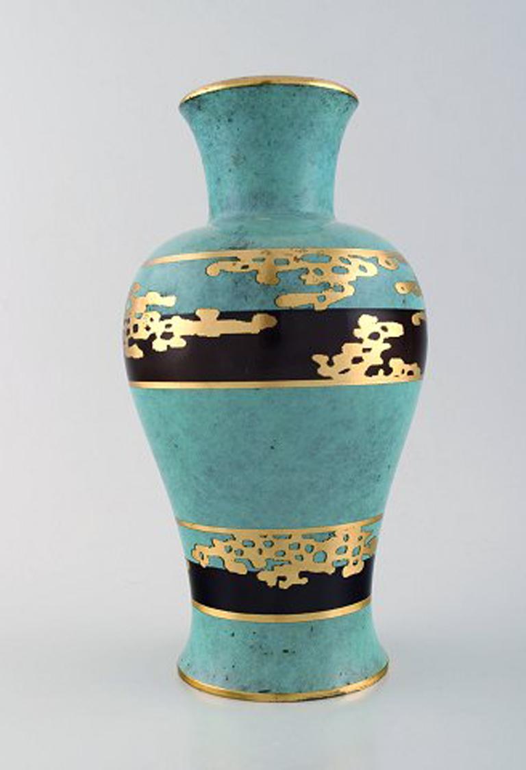 Art Deco vase, green patinated bronze with gold decoration 