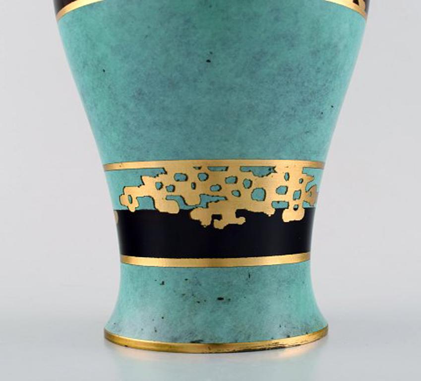 German Art Deco Vase, Green Patinated Bronze with Gold Decoration 