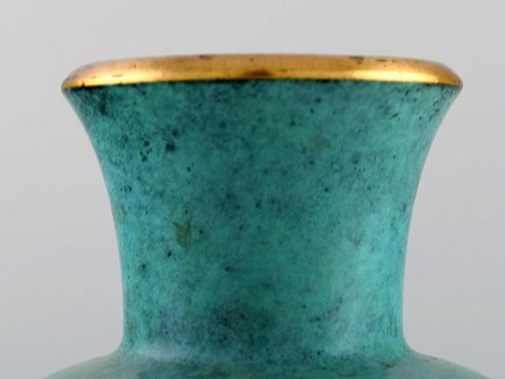 Mid-20th Century Art Deco Vase, Green Patinated Bronze with Gold Decoration 