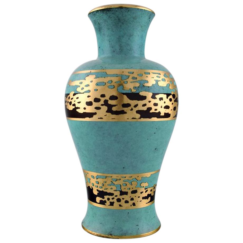 Art Deco Vase, Green Patinated Bronze with Gold Decoration "Ikora" WMF