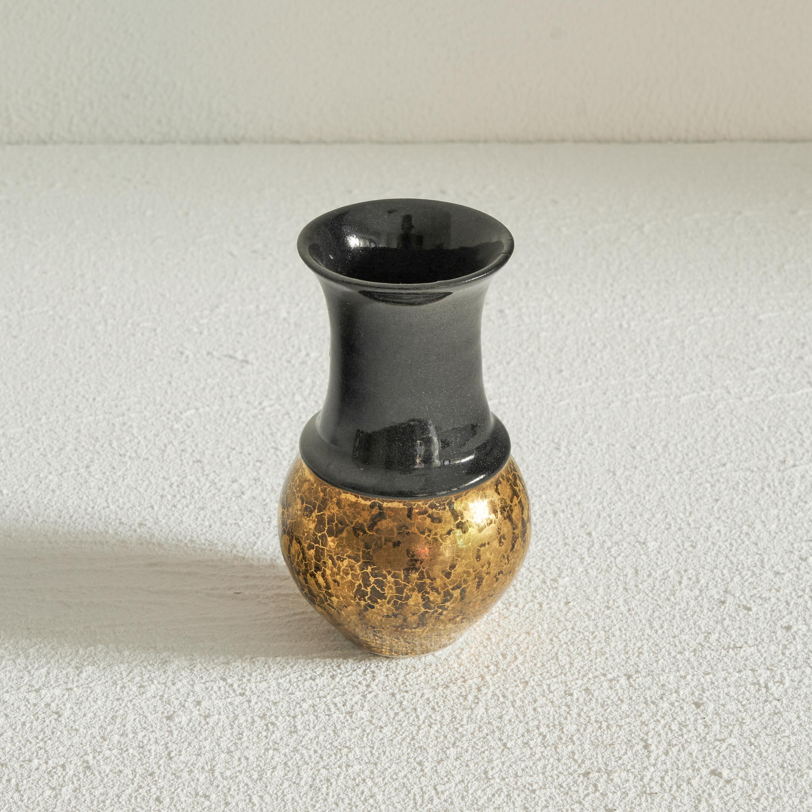 Glazed Art Deco Vase in Black and Gold Craquelé, 1930s For Sale