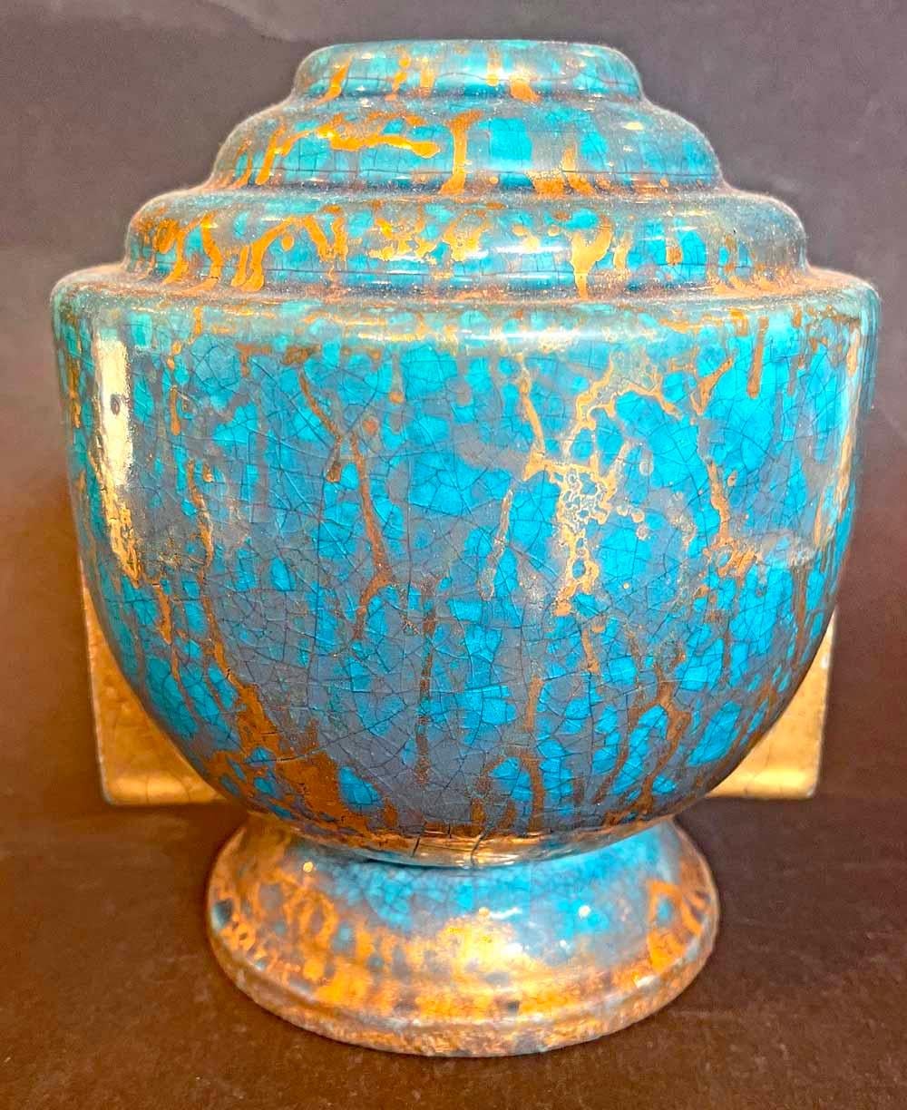 French Art Deco Vase in Blue-Green and Gold, by MNF in Sevres, 1930s For Sale