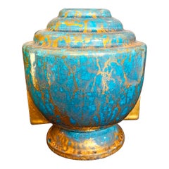 Jarrón Art Decó en azul verdoso y dorado, de MNF en Sevres, años 30