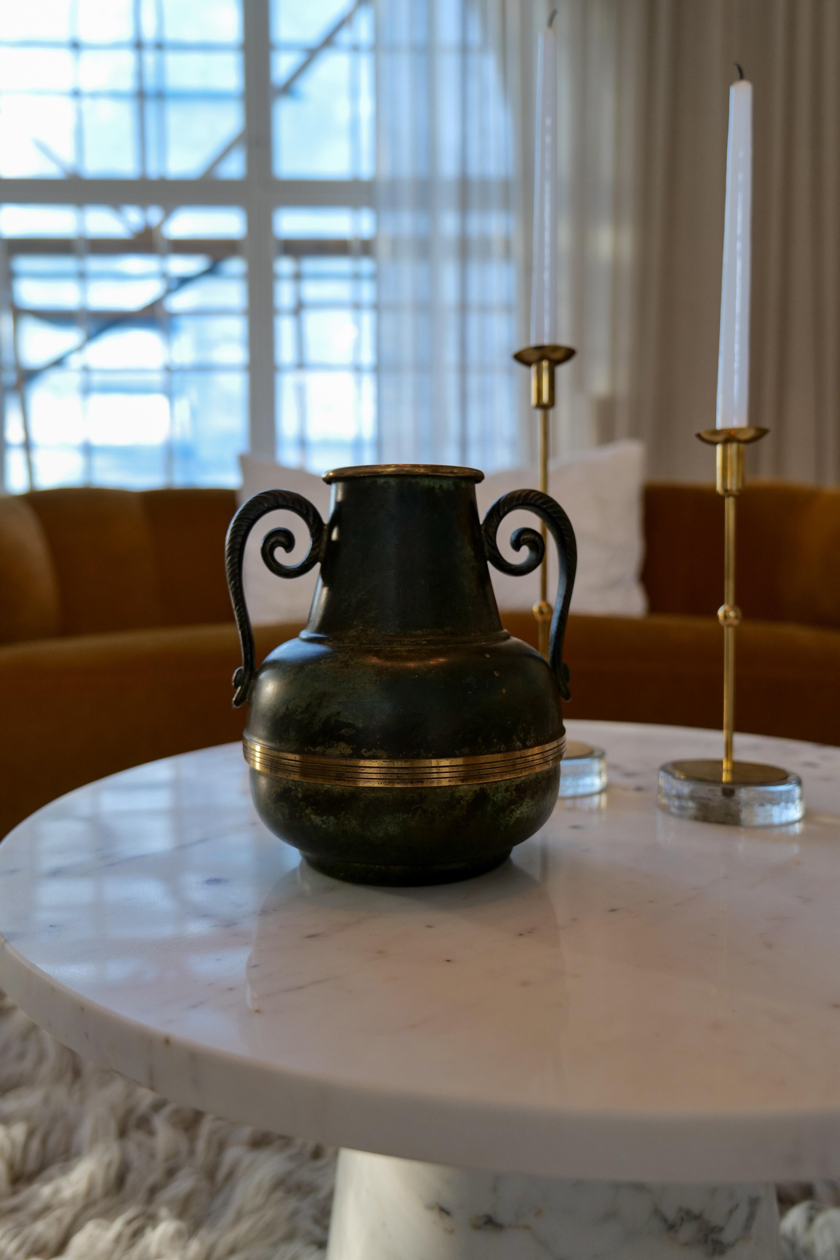 Art Deco Vase in Bronze and Brass by SVM Handarbete, Sweden 1940s In Good Condition For Sale In Hillringsberg, SE