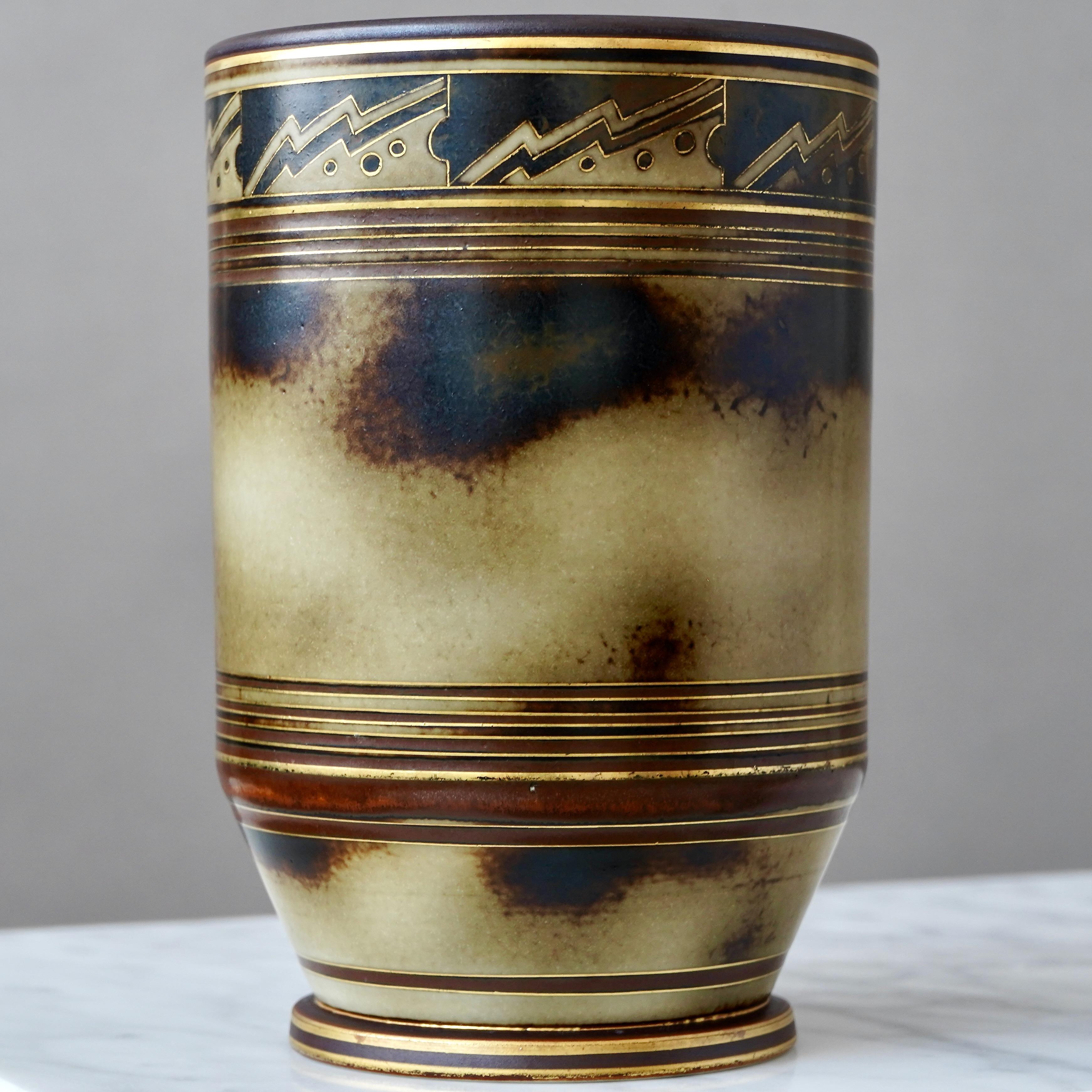 Vaso Art Deco in marrone e oro di Gunnar Nylund per ALP, Svezia, anni '30 in vendita 2