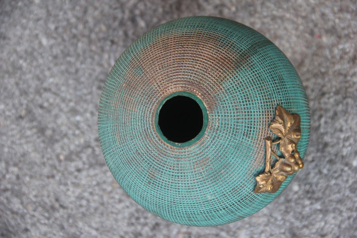 italien Vase Art Déco en céramique verte bronzée avec application en bronze Batignani 1930 en vente