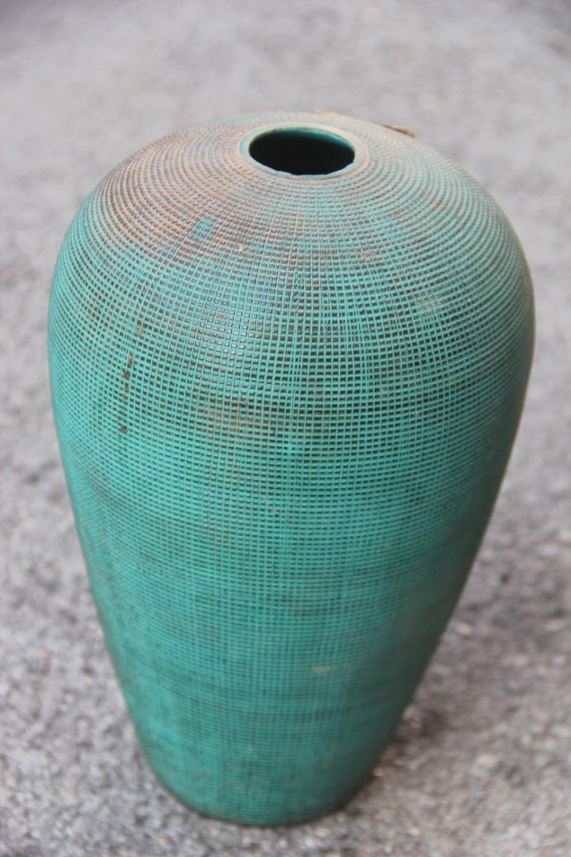 Milieu du XXe siècle Vase Art Déco en céramique verte bronzée avec application en bronze Batignani 1930 en vente
