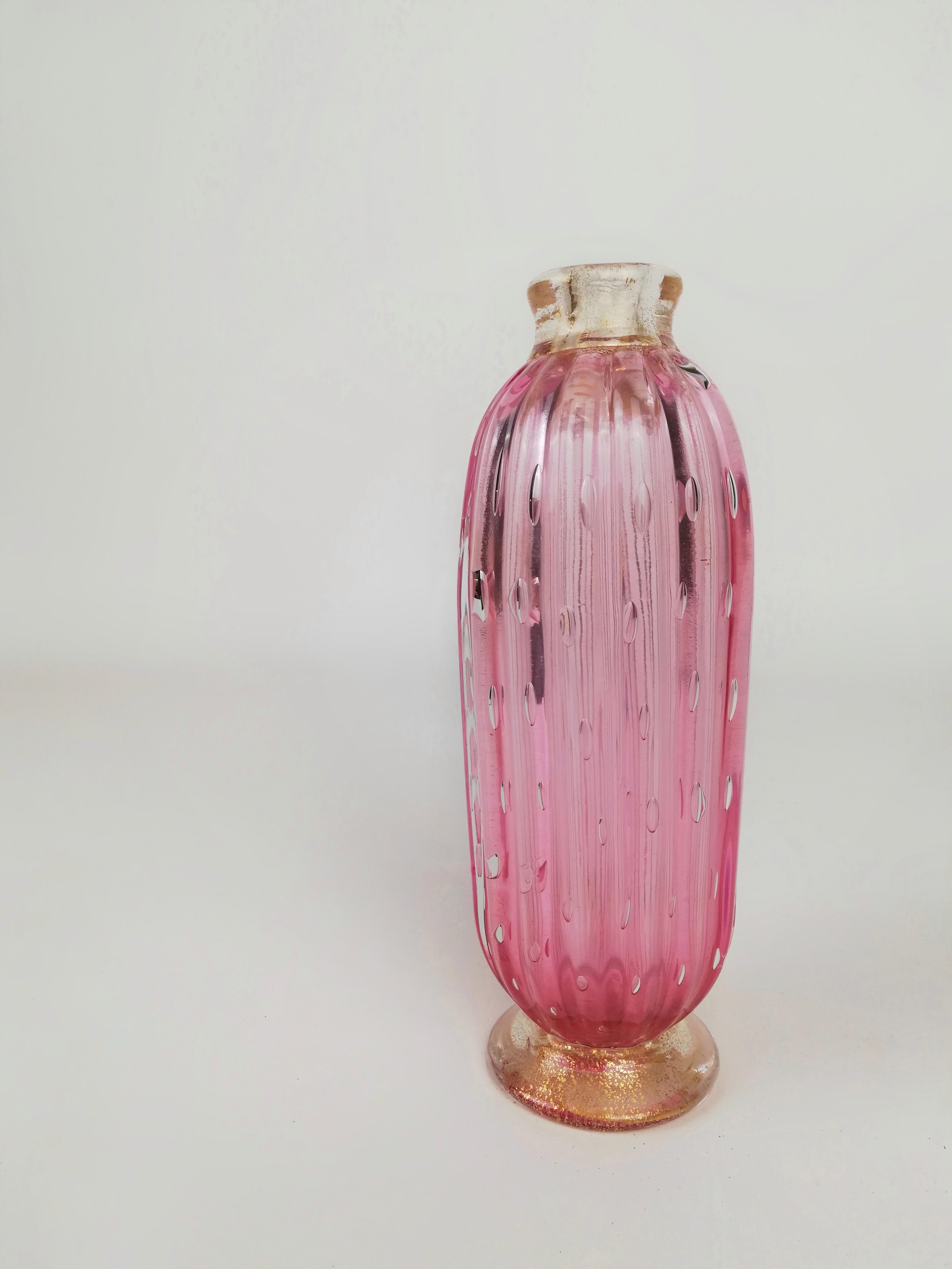 Art Deco Vase in Pink and Gold Murano Bubble Glass, Italy 1930s For Sale 4
