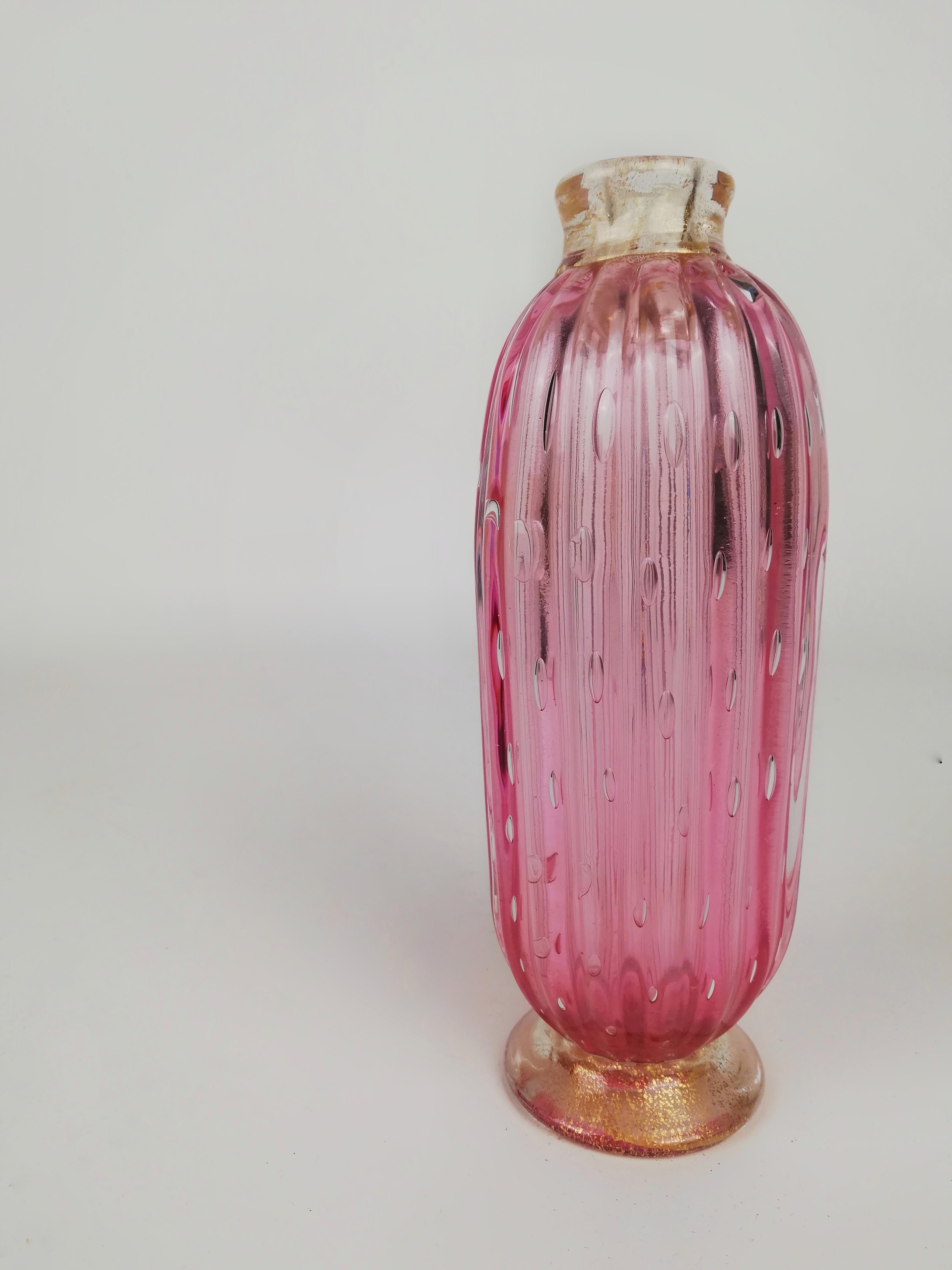 20th Century Art Deco Vase in Pink and Gold Murano Bubble Glass, Italy 1930s For Sale