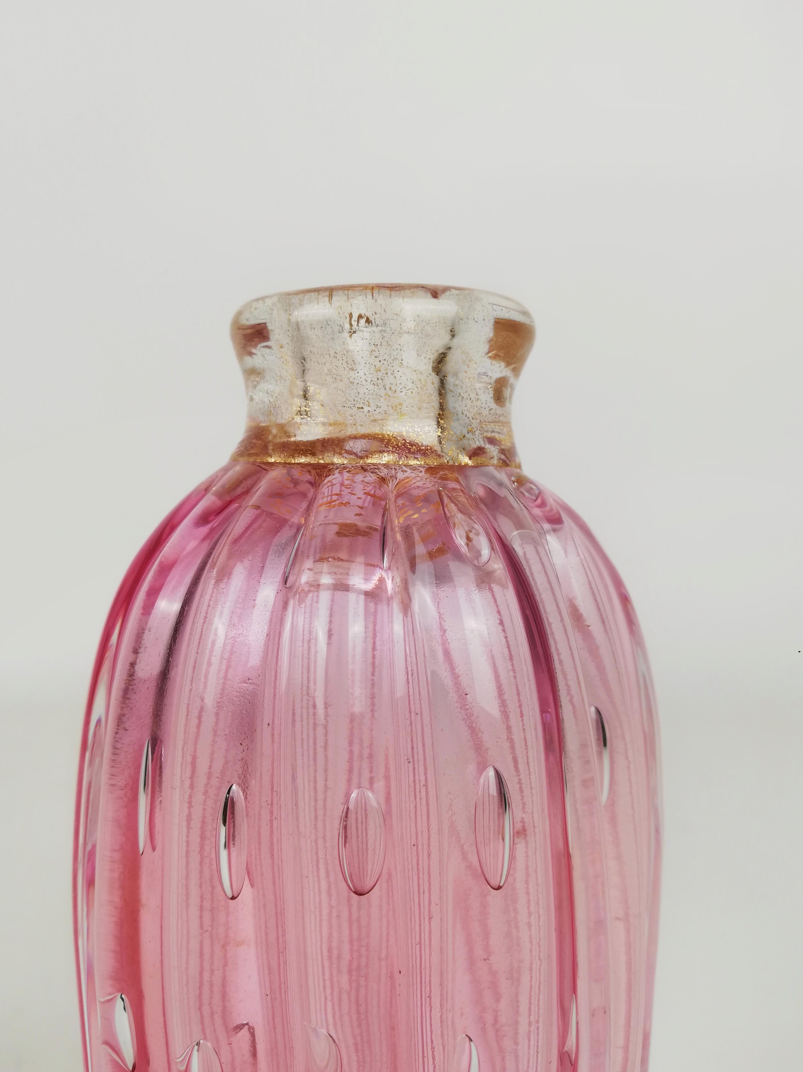Art Deco Vase in Pink and Gold Murano Bubble Glass, Italy 1930s For Sale 1