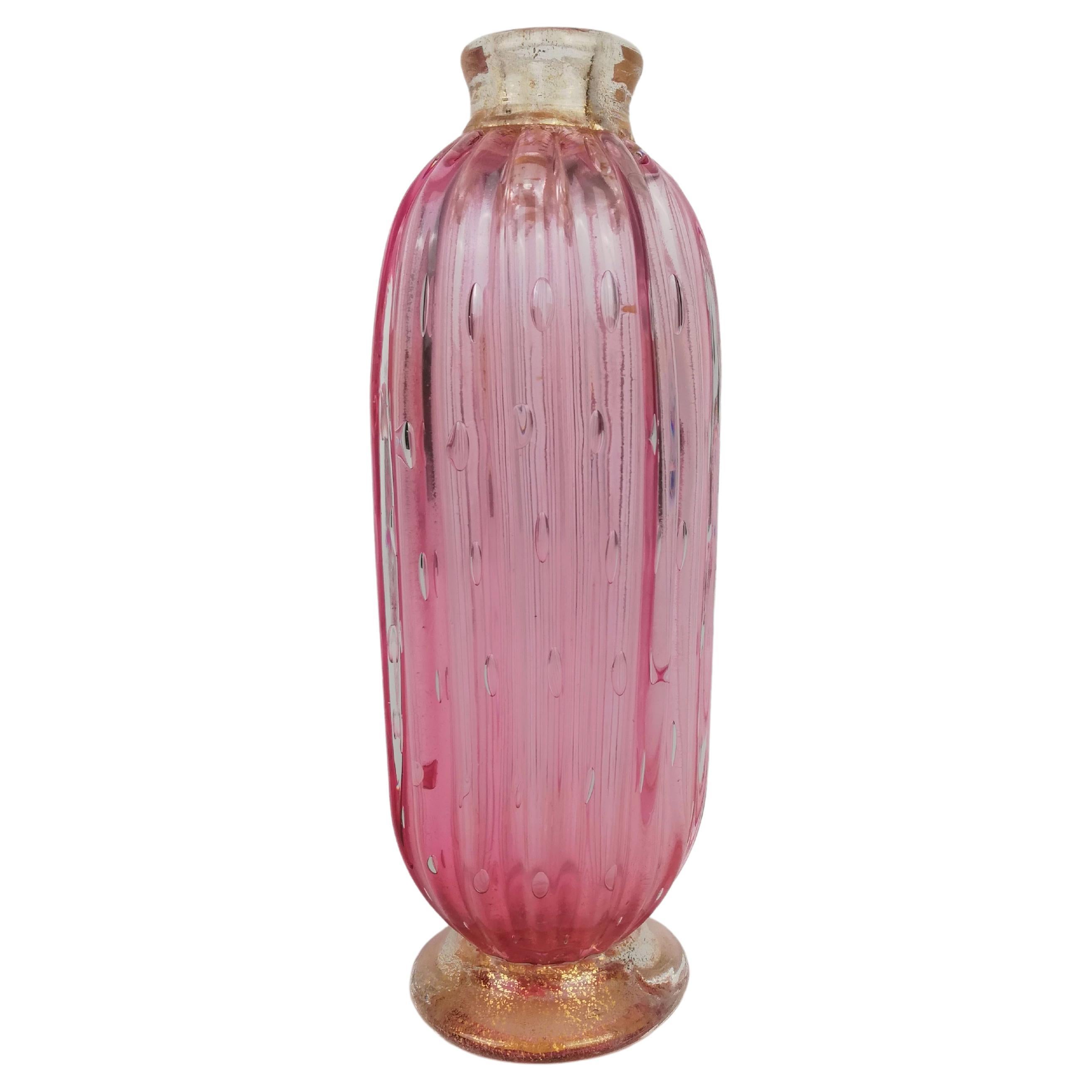 Art Deco Vase in Pink and Gold Murano Bubble Glass, Italy 1930s For Sale