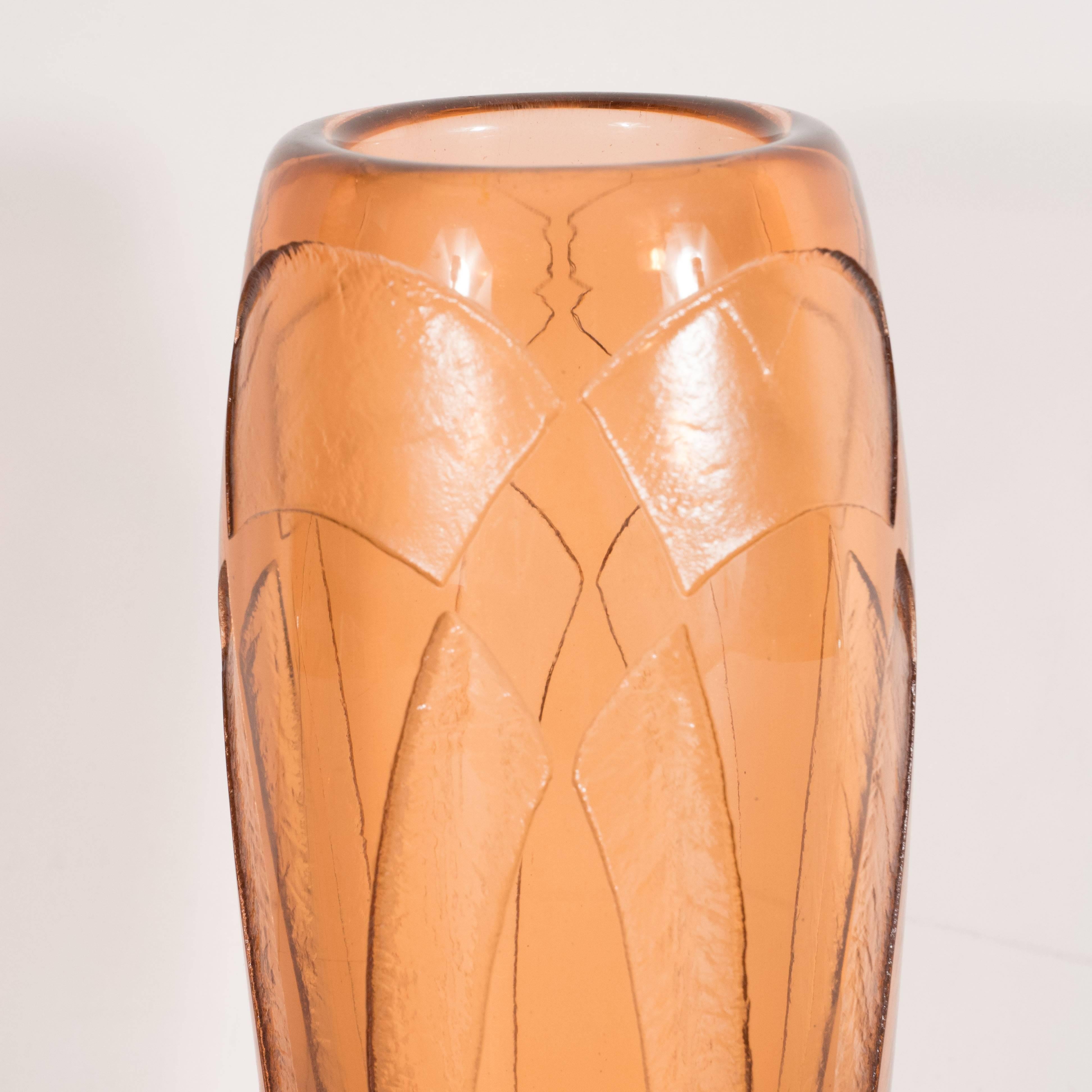 French Art Deco Vase in Translucent Cognac with Cubist Geometric Patterns For Sale