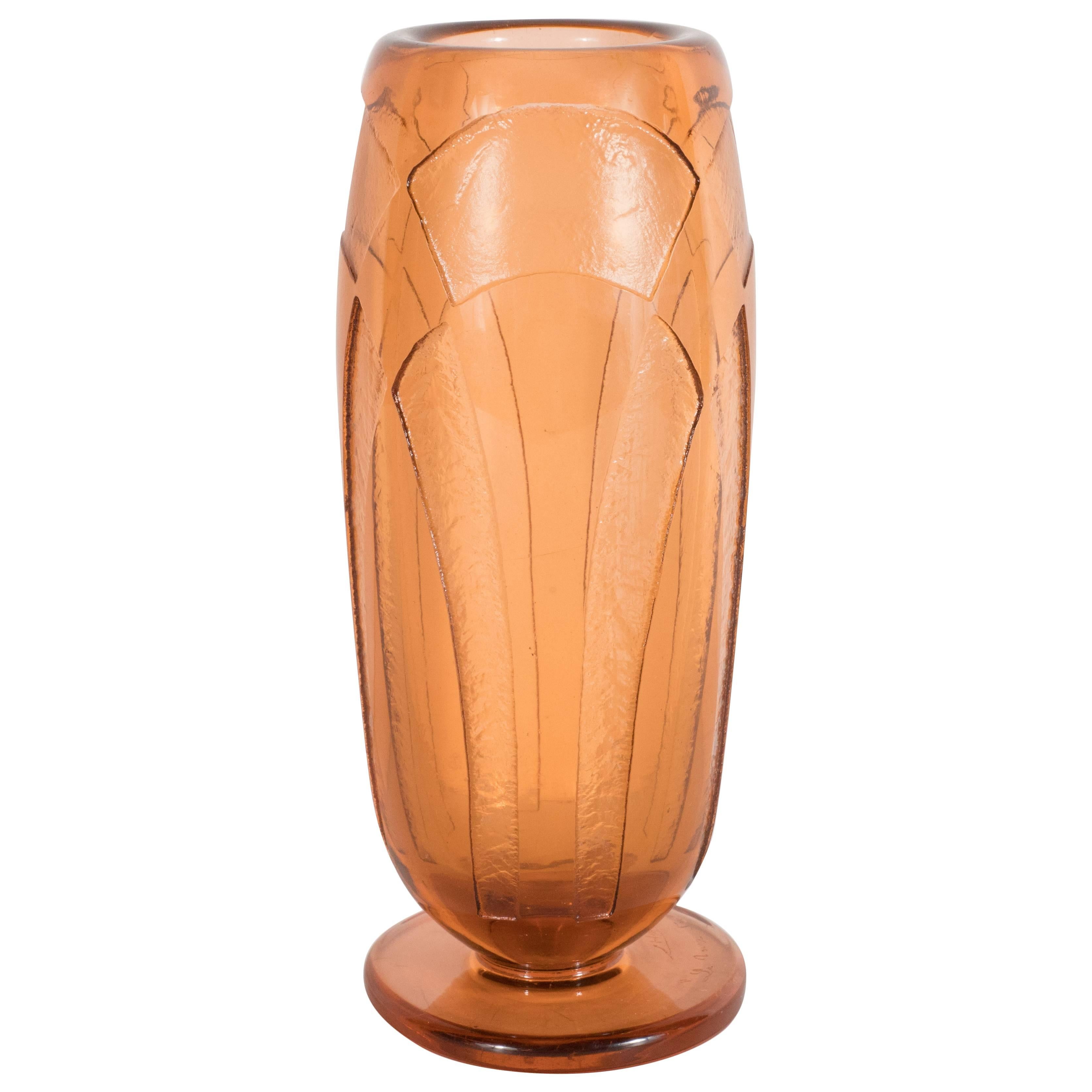 Art Deco Vase in Translucent Cognac with Cubist Geometric Patterns