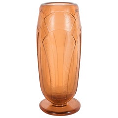Art Deco Vase in Translucent Cognac with Cubist Geometric Patterns