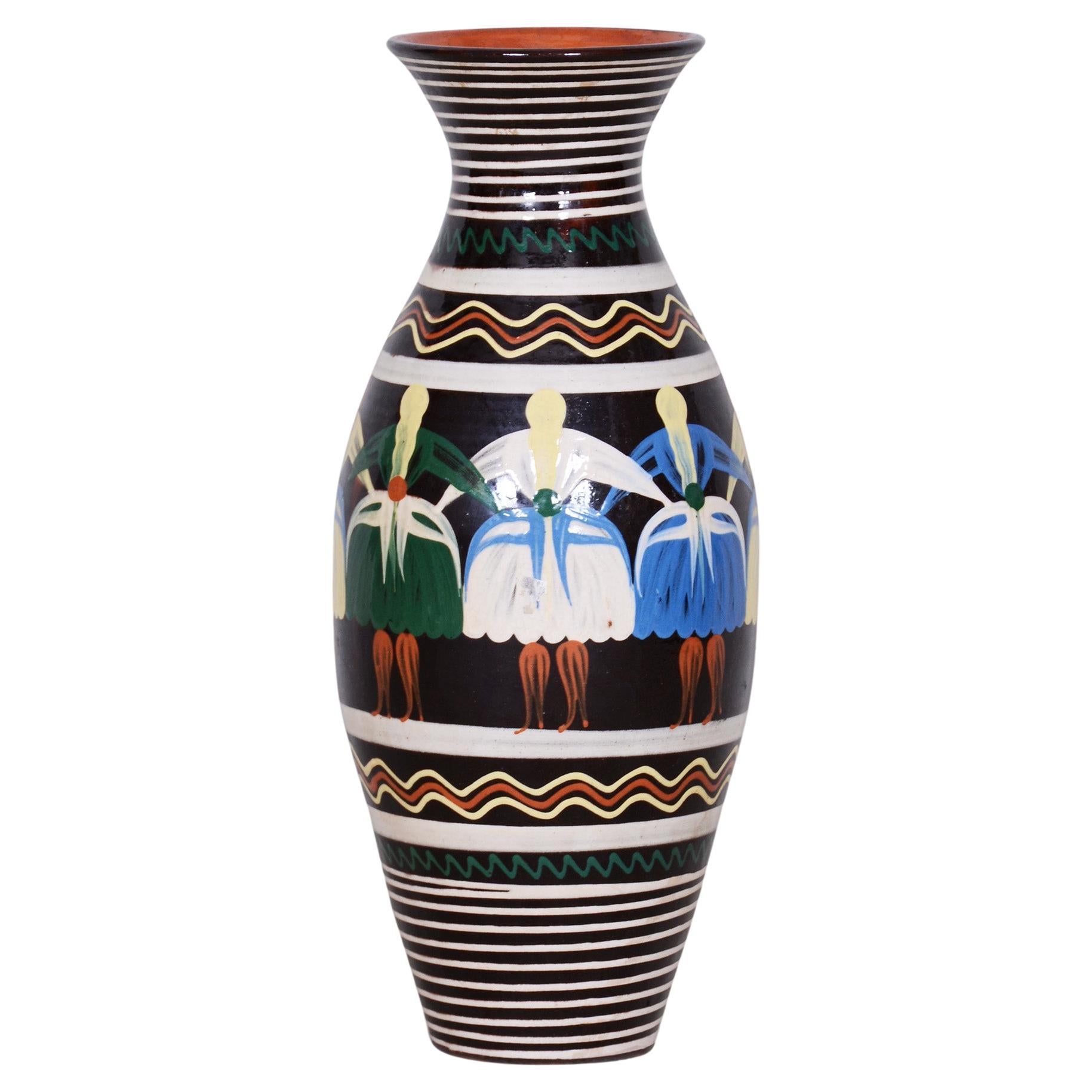 Art Deco Vase Made in 1940s Czechia, Hand Painted Slovak Motifs For Sale