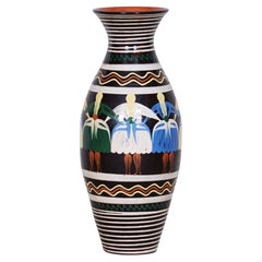 Used Art Deco Vase Made in 1940s Czechia, Hand Painted Slovak Motifs
