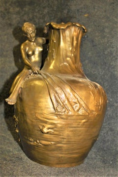 Art Deco Vase, Nude Pulling Net, Bronze Golder Patina, after Clr Vibert