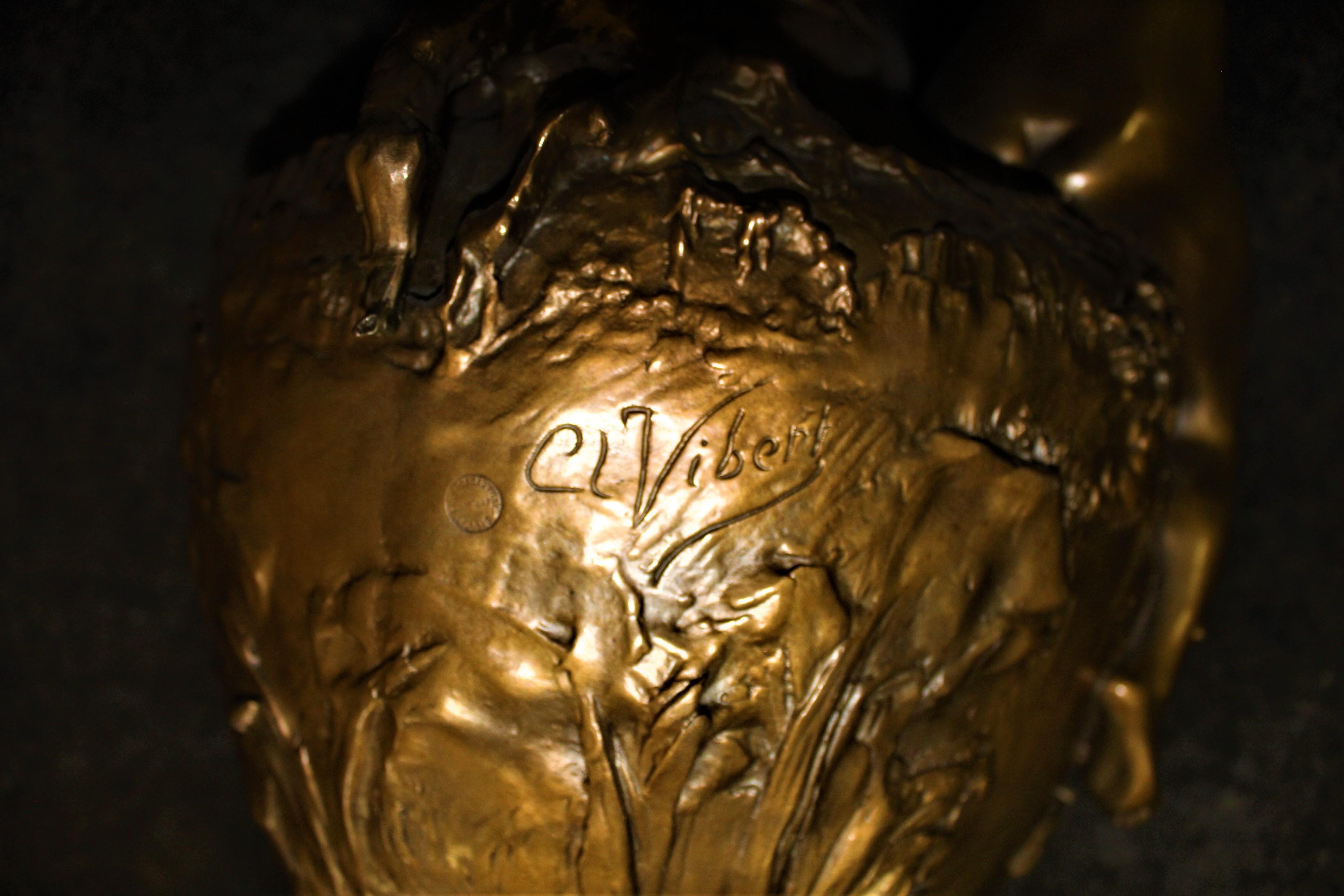 Cast Art Deco Vase, Nude Pulling Net, Bronze Golder Patina, after Clr Vibert For Sale