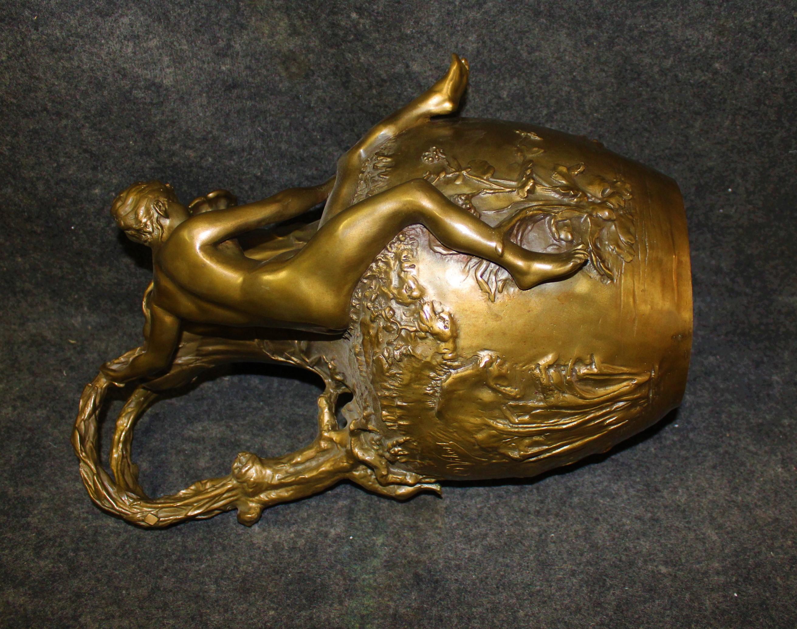 Art Deco Vase, Nude Pulling Net, Bronze Golder Patina, after Clr Vibert In Good Condition For Sale In Los Angeles, CA
