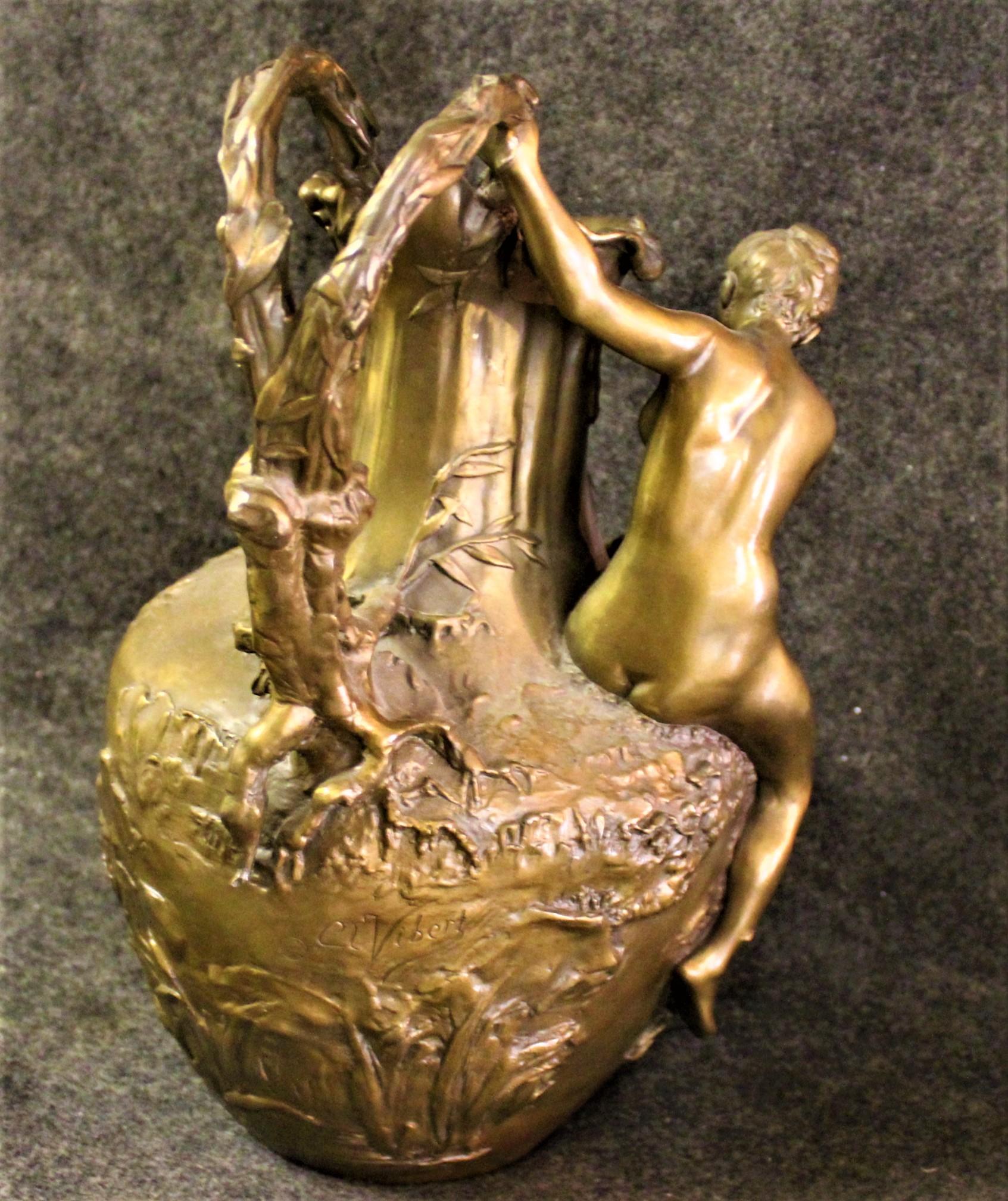Late 20th Century Art Deco Vase, Nude Pulling Net, Bronze Golder Patina, after Clr Vibert For Sale