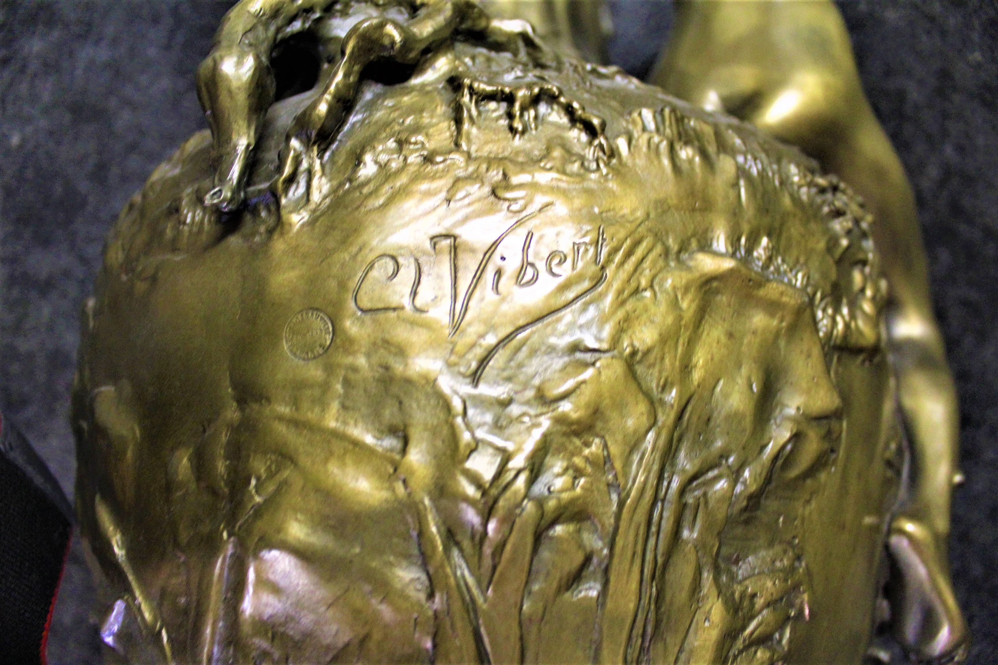 Art Deco Vase, Nude Pulling Net, Bronze Golder Patina, after Clr Vibert For Sale 1