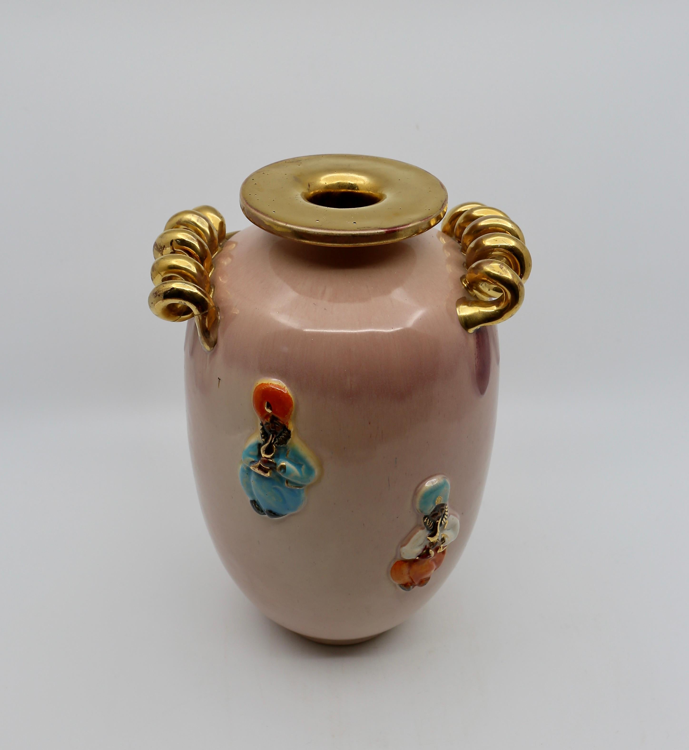 Art Deco Vase, Peach and Gold with Oriental Figures, 1940s For Sale 2
