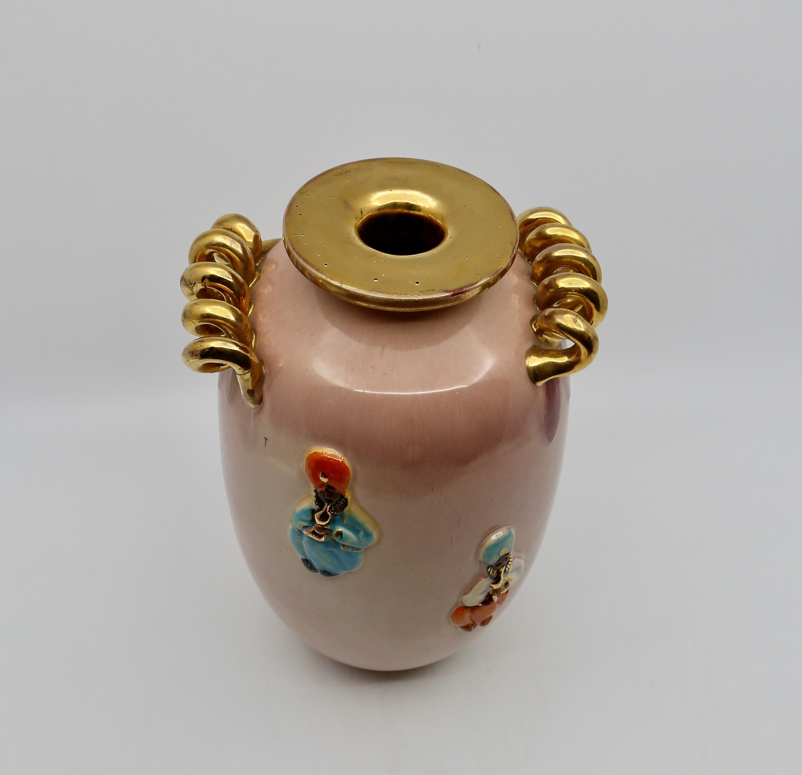 Art Deco Vase, Peach and Gold with Oriental Figures, 1940s For Sale 3