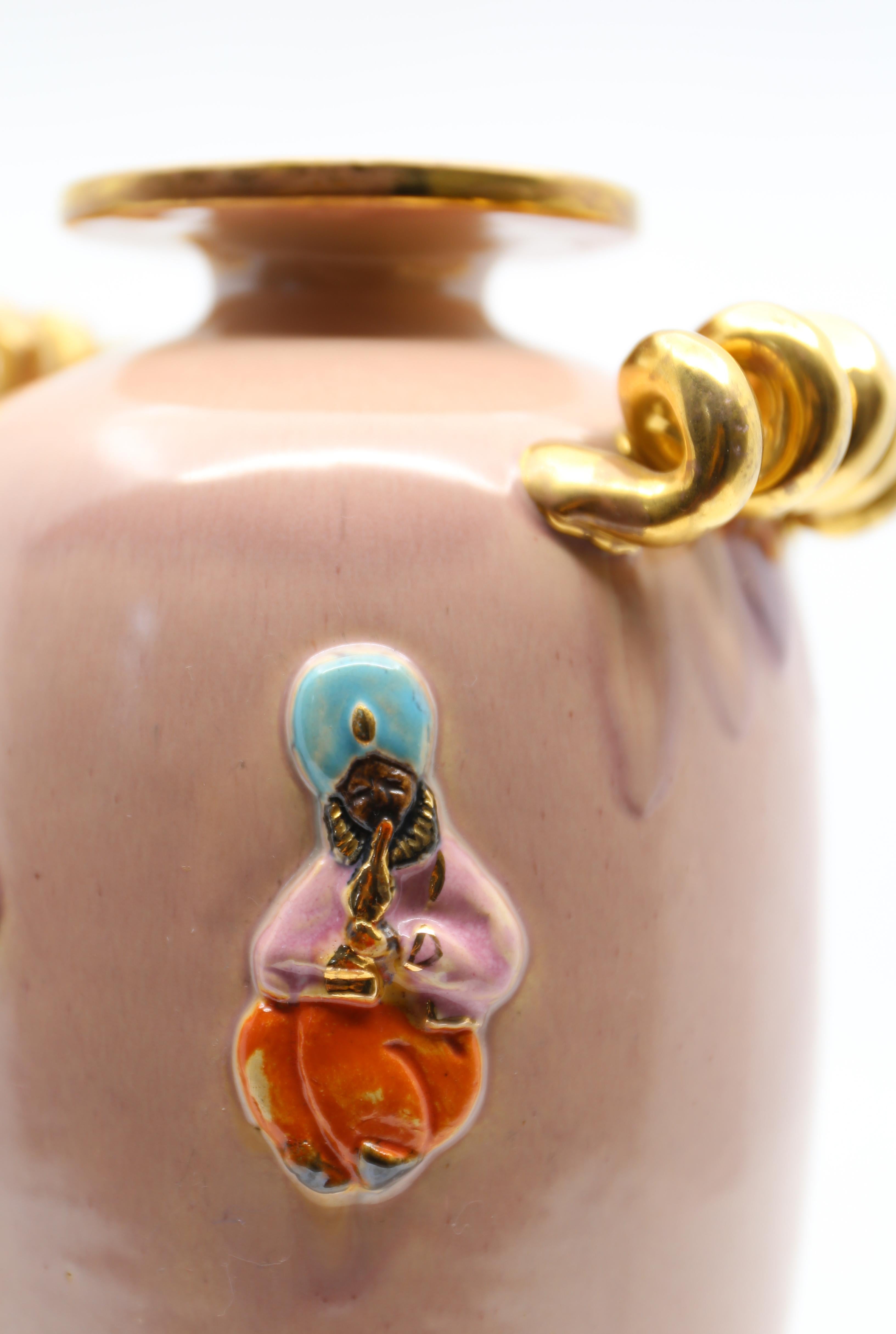 Art Deco Vase, Peach and Gold with Oriental Figures, 1940s For Sale 7