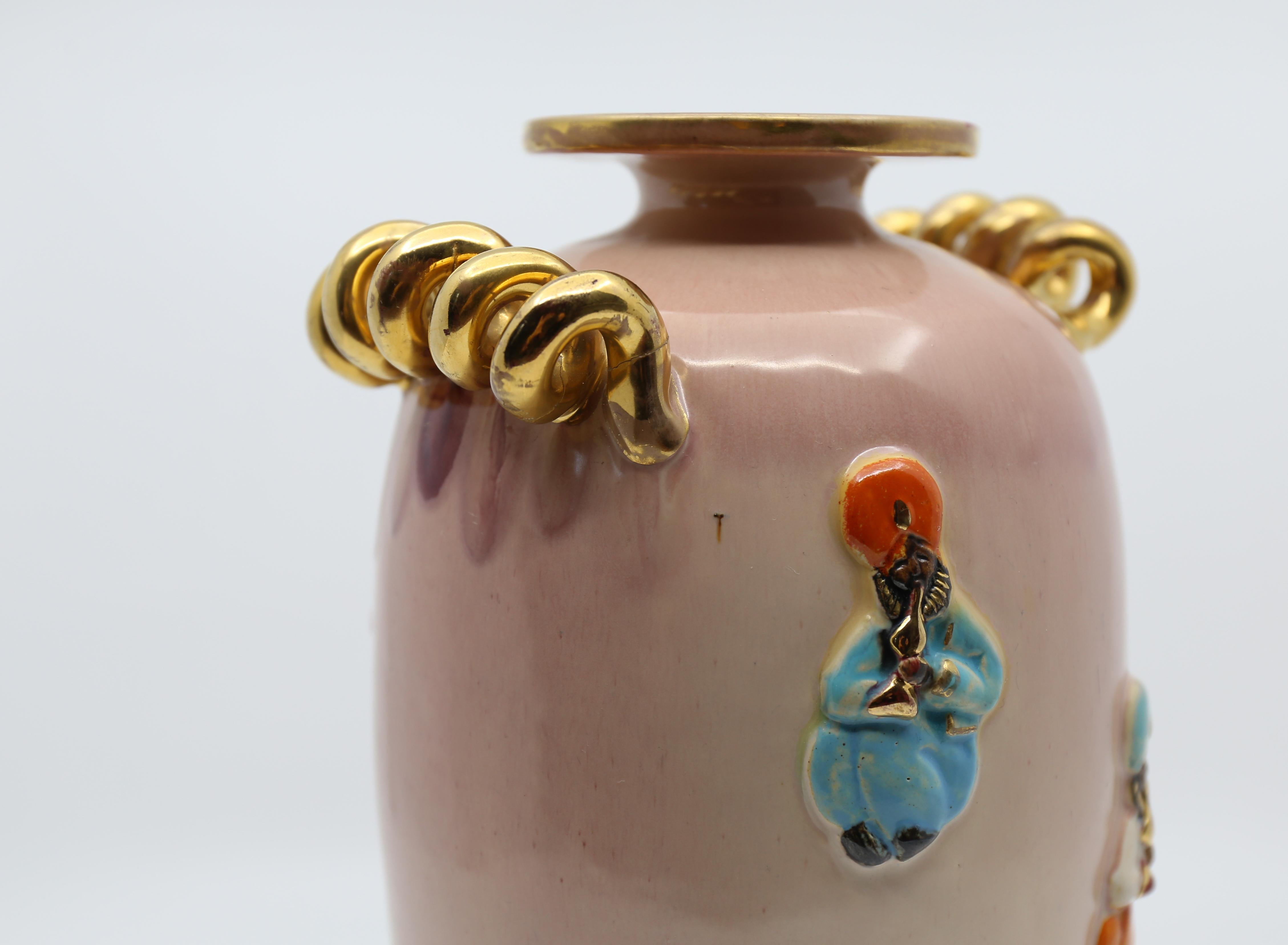 Art Deco Vase, Peach and Gold with Oriental Figures, 1940s For Sale 9