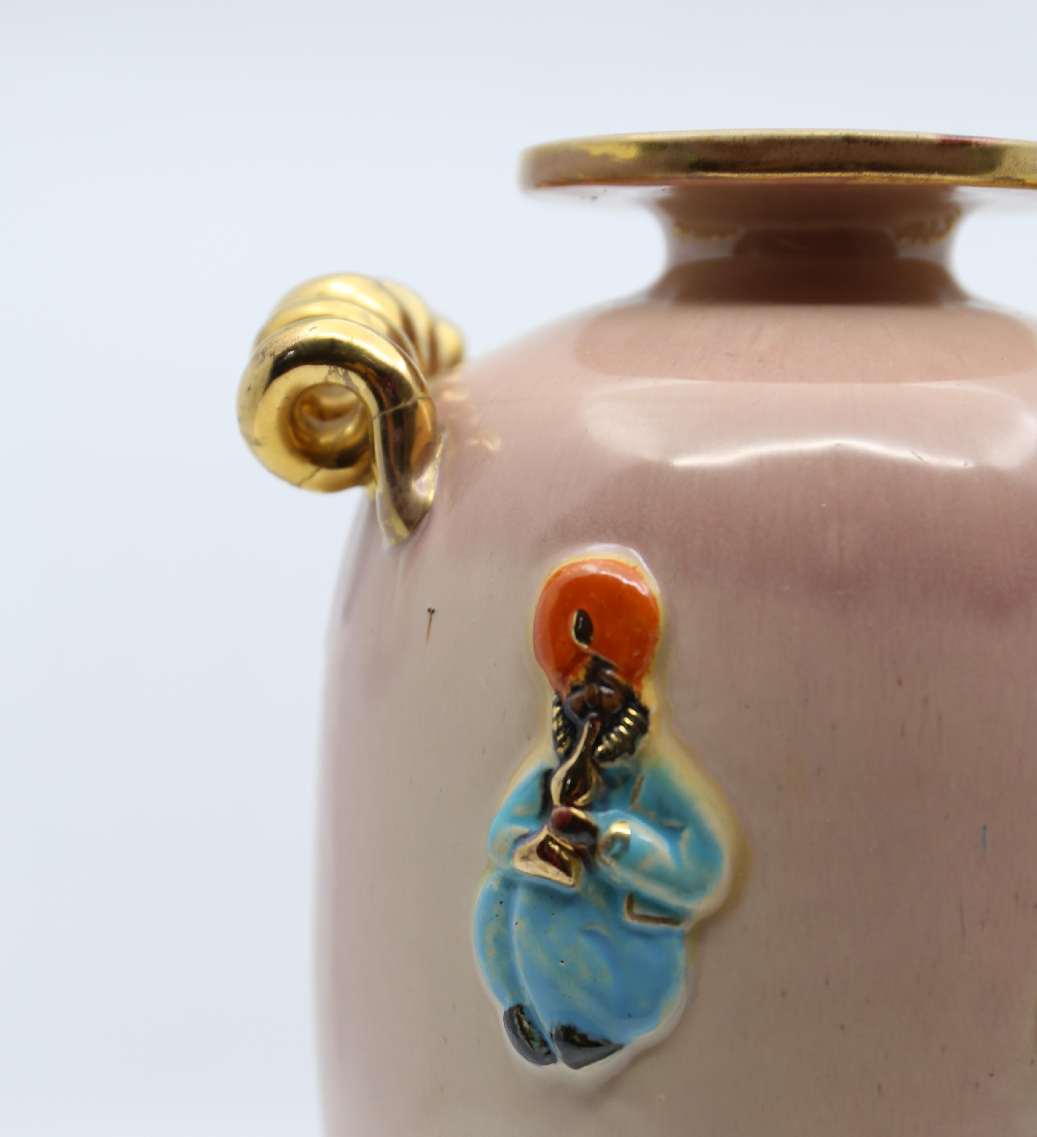 Art Deco Vase, Peach and Gold with Oriental Figures, 1940s For Sale 10