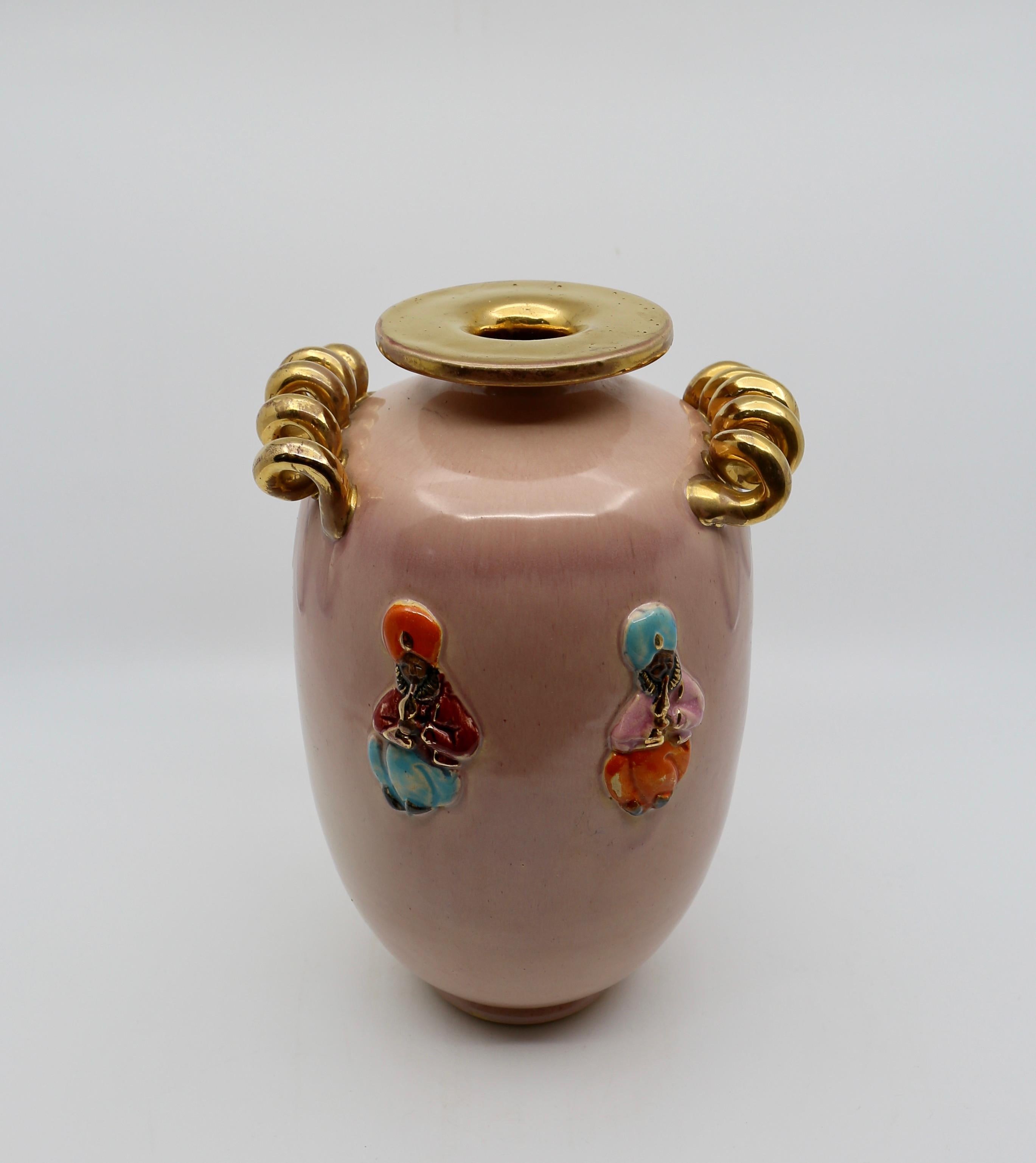 Mid-Century Modern Art Deco Vase, Peach and Gold with Oriental Figures, 1940s For Sale