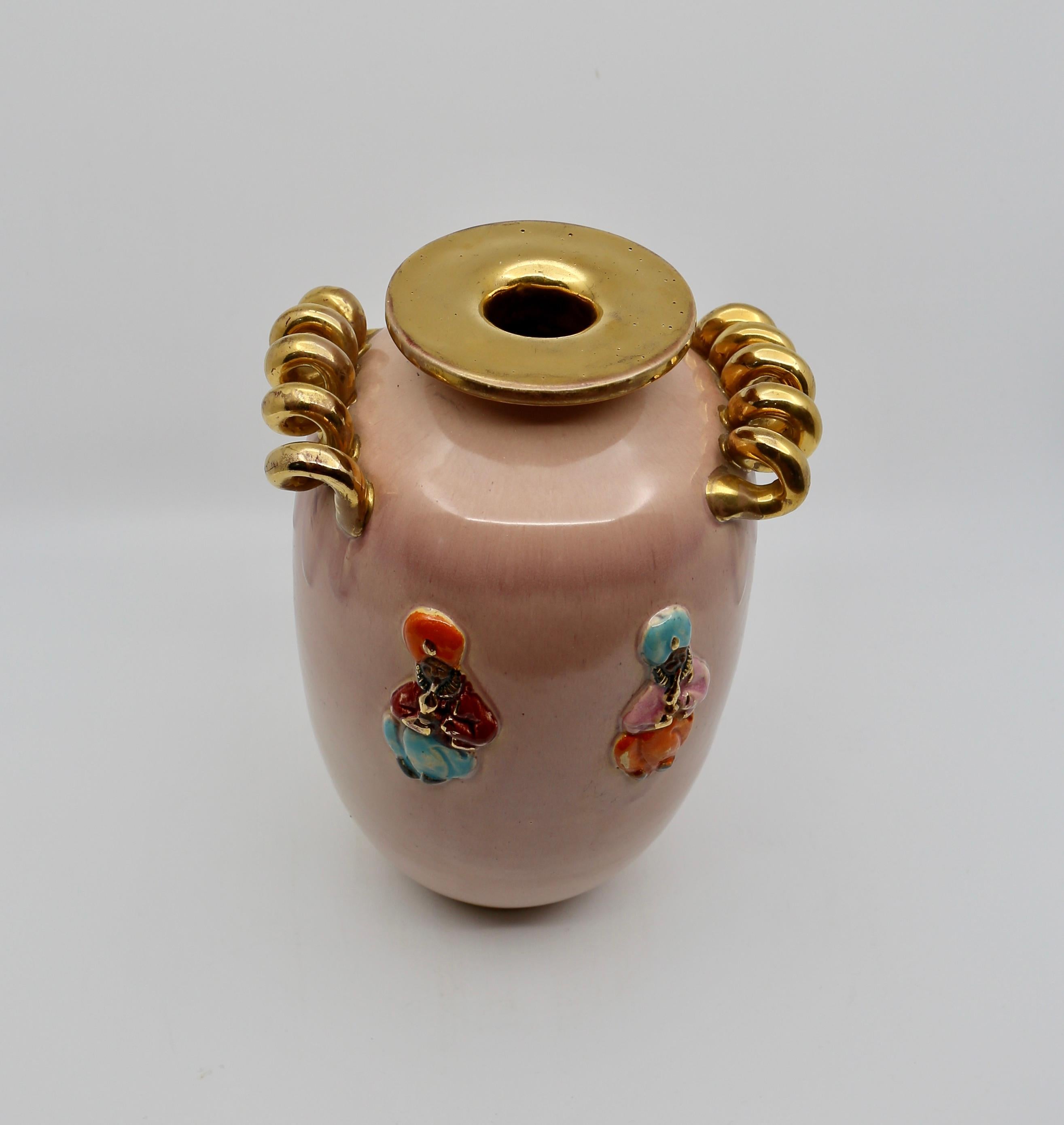 European Art Deco Vase, Peach and Gold with Oriental Figures, 1940s For Sale