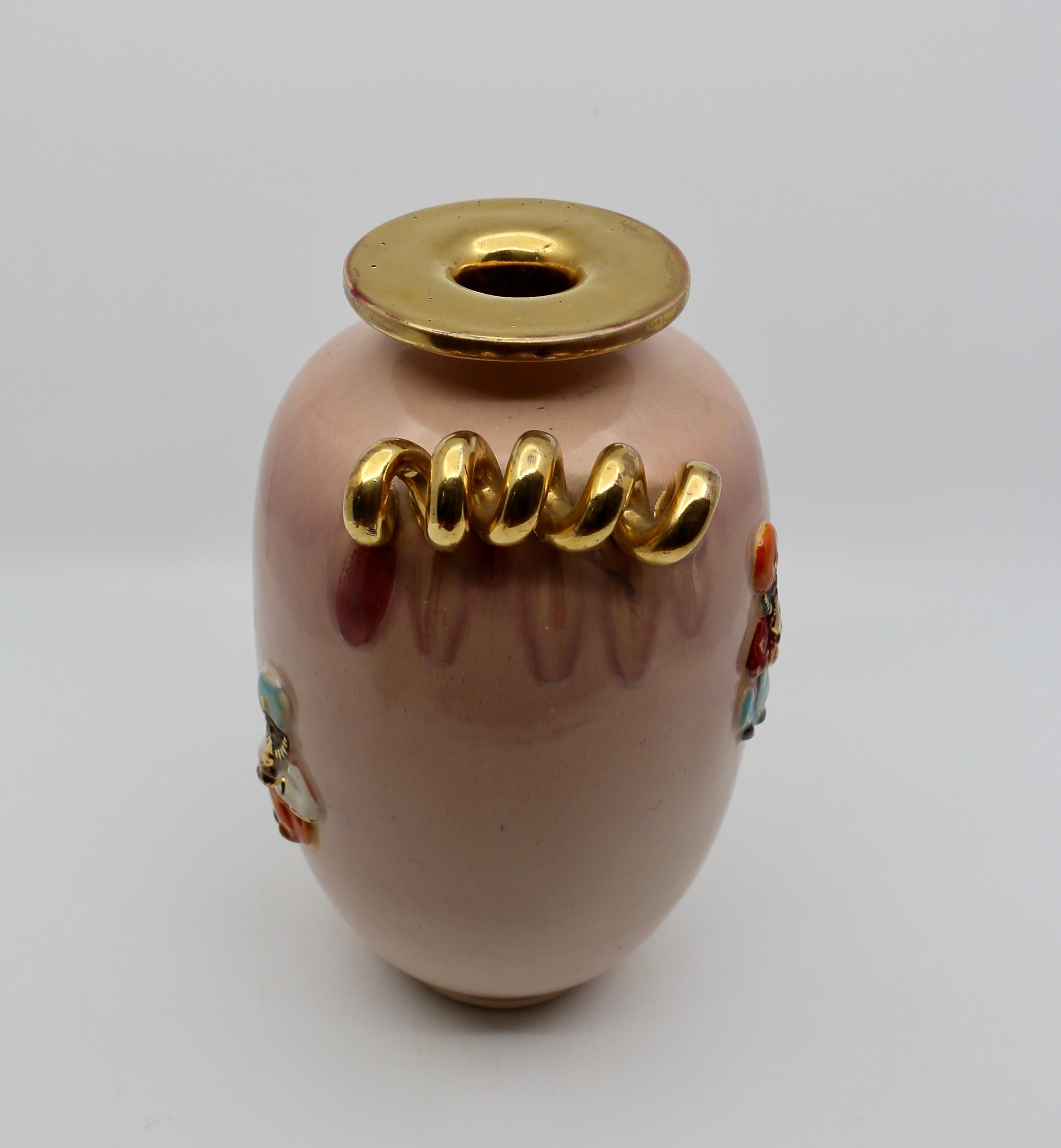 Ceramic Art Deco Vase, Peach and Gold with Oriental Figures, 1940s For Sale