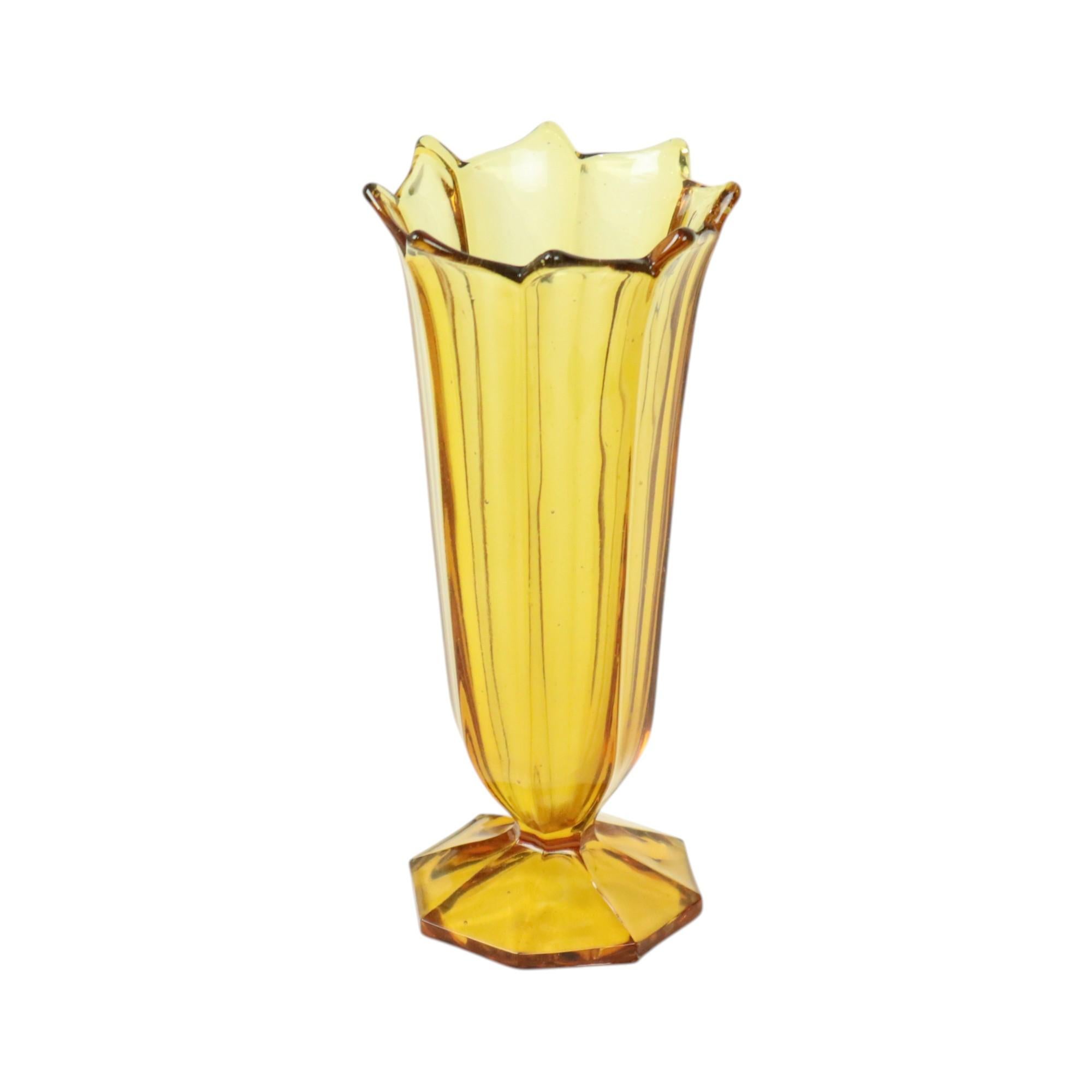 Czech Art Deco Vase Pressed Glass Amber Rosice Glassworks 21cm For Sale